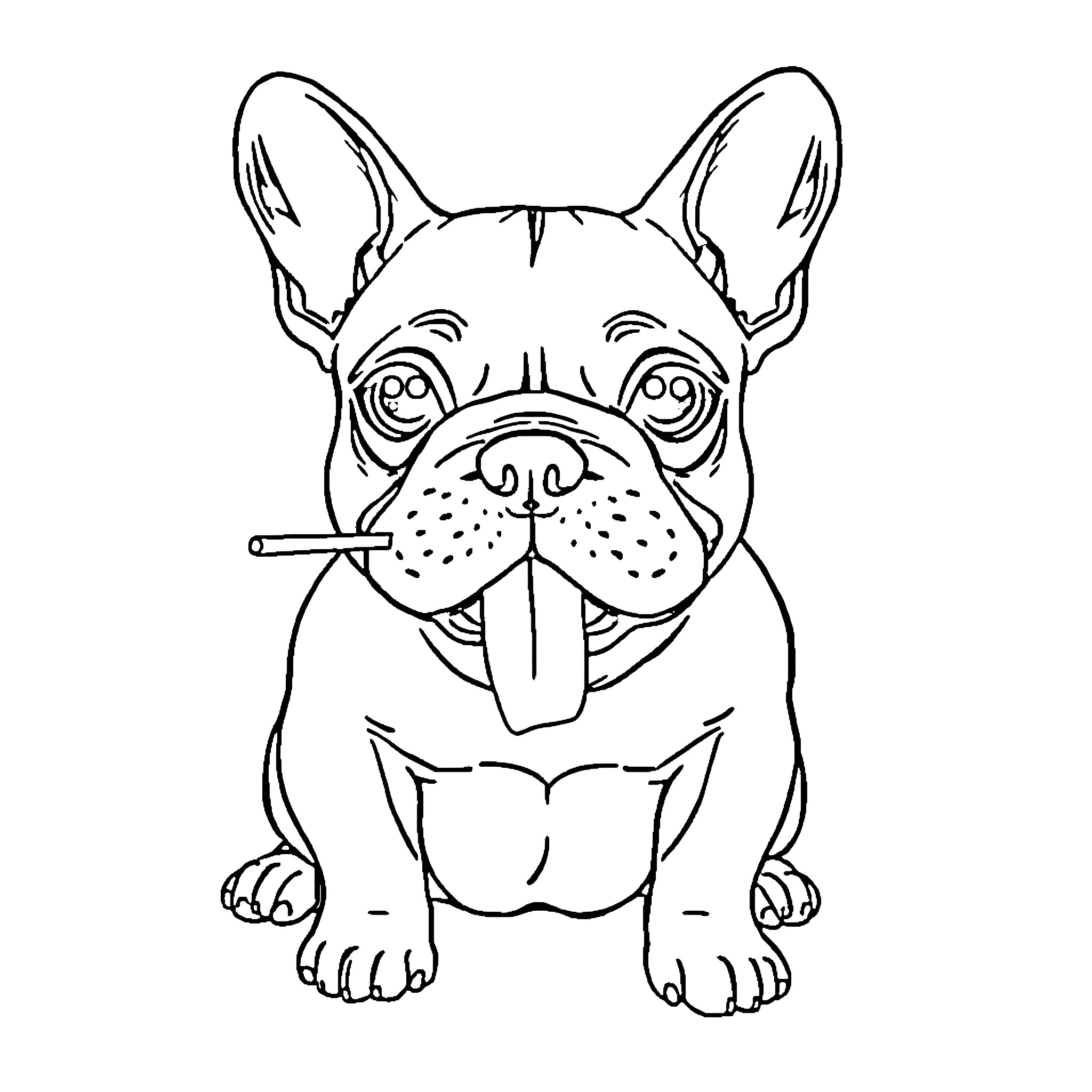 French Bulldog with stick in its mouth Coloring Page (free black-and-white line drawing printable PDF for all, from beginners to advanced learners, including children, teens, adults, and seniors)