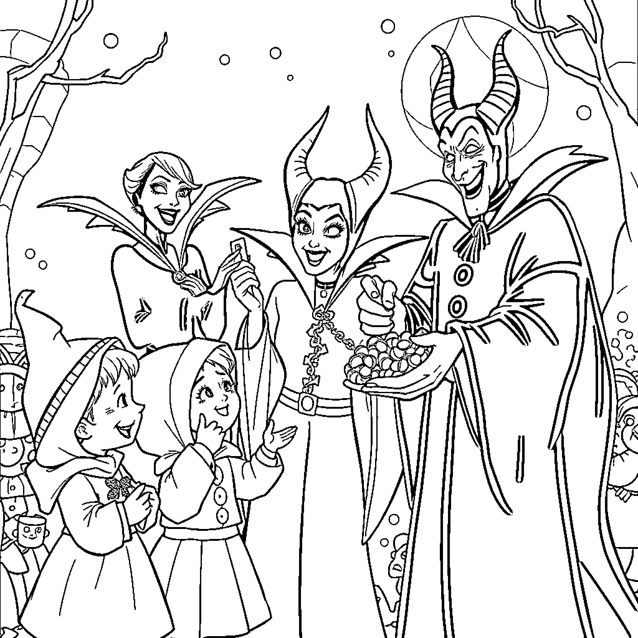 Villainous Celebrations: Sinister Characters in Whimsical Revelry Coloring Page (free black-and-white line drawing printable PDF for all, from beginners to advanced learners, including children, teens, adults, and seniors)