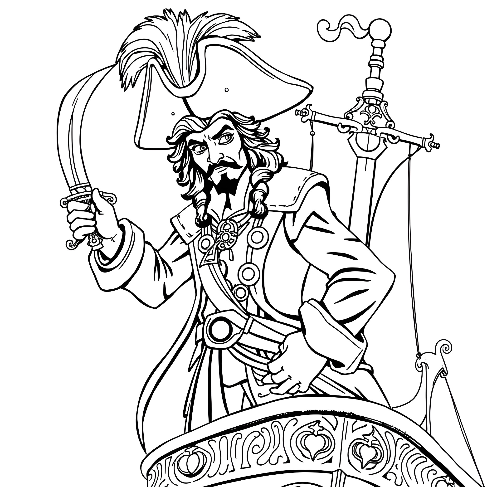 Captain Hook's Theatrical Pirate Performance Coloring Page (free black-and-white line drawing printable PDF for all, from beginners to advanced learners, including children, teens, adults, and seniors)