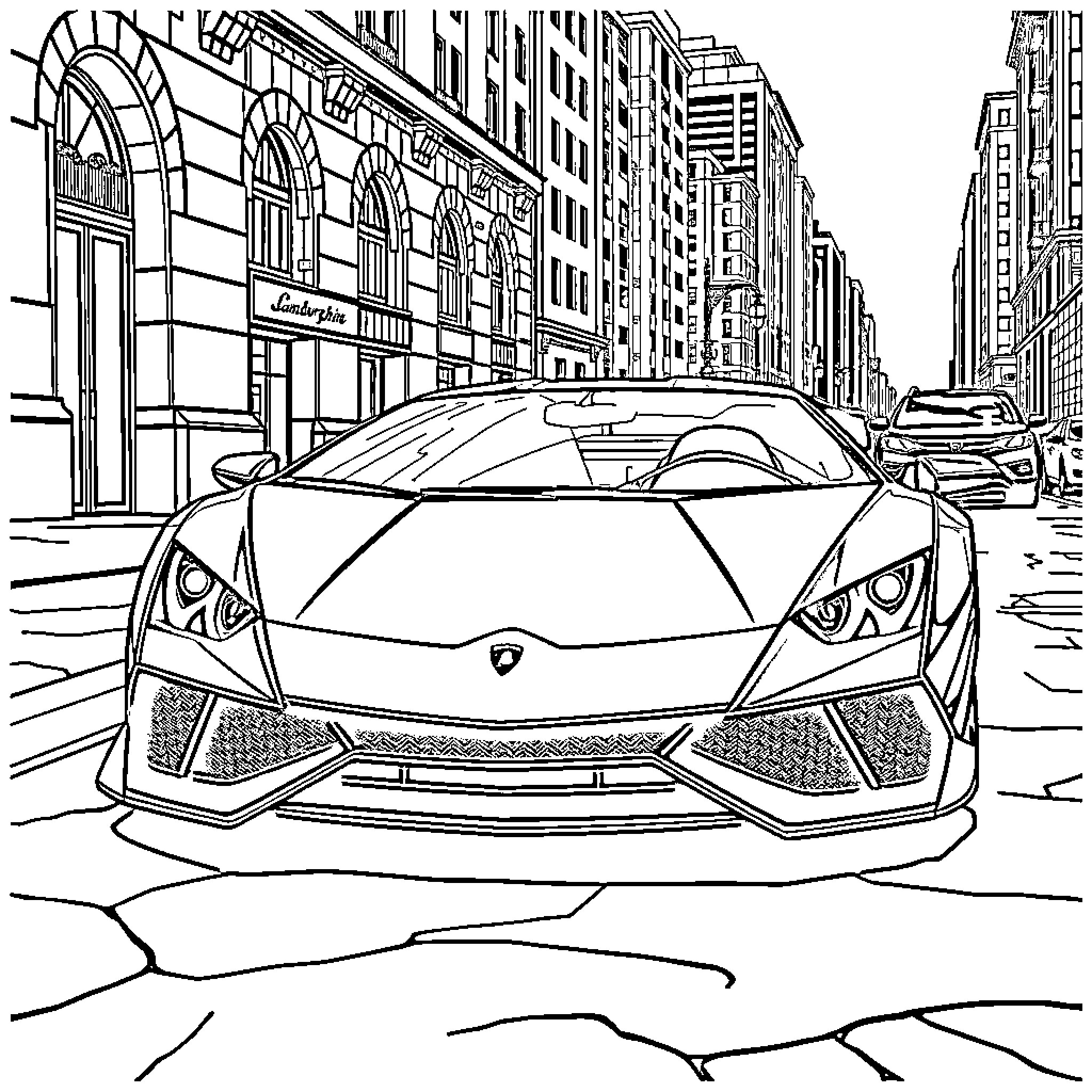 Lamborghini Speeds Through City Streets Coloring Page (free black-and-white line drawing printable PDF for all, from beginners to advanced learners, including children, teens, adults, and seniors)