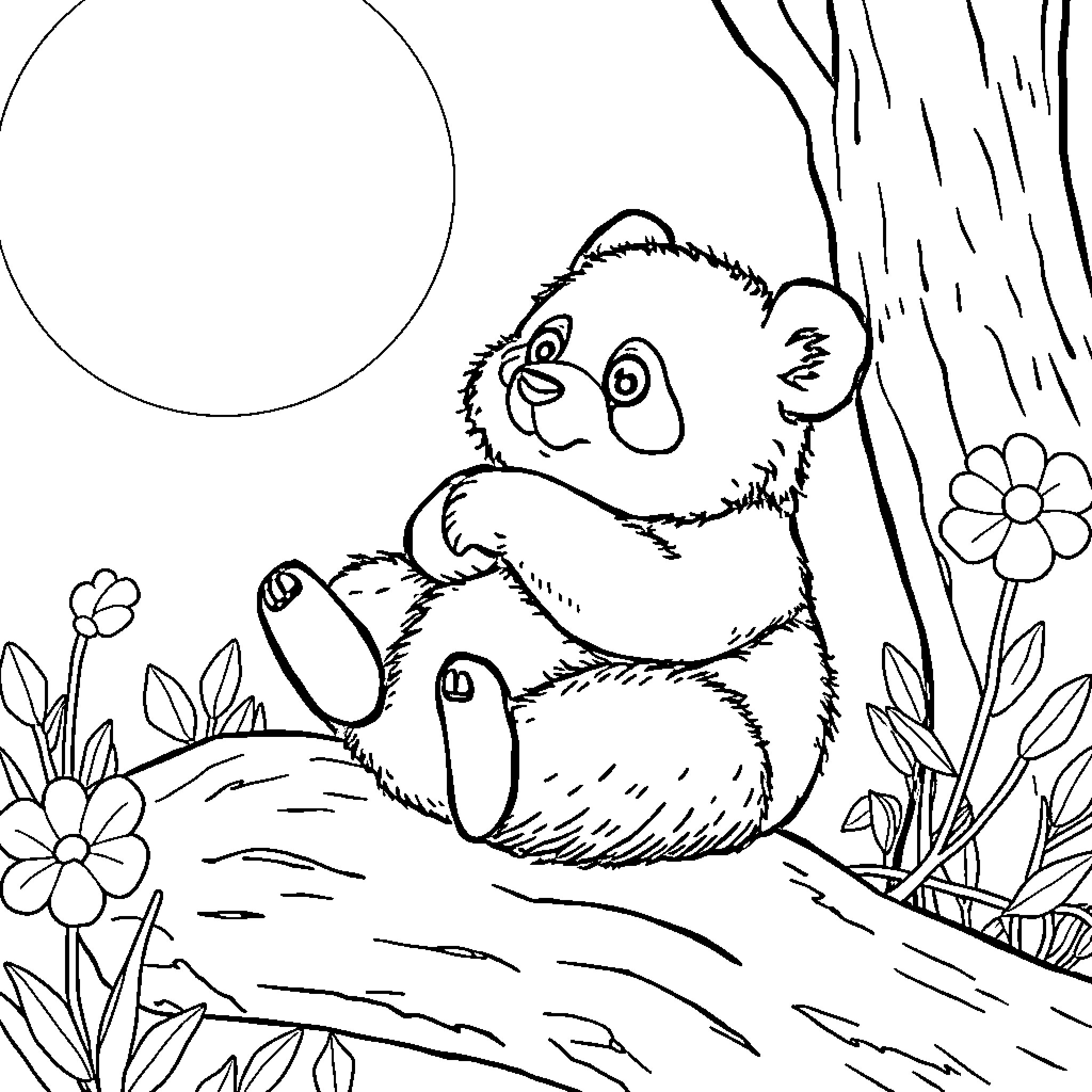 Panda relaxing in nature Coloring Page (free black-and-white line drawing printable PDF for all, from beginners to advanced learners, including children, teens, adults, and seniors)