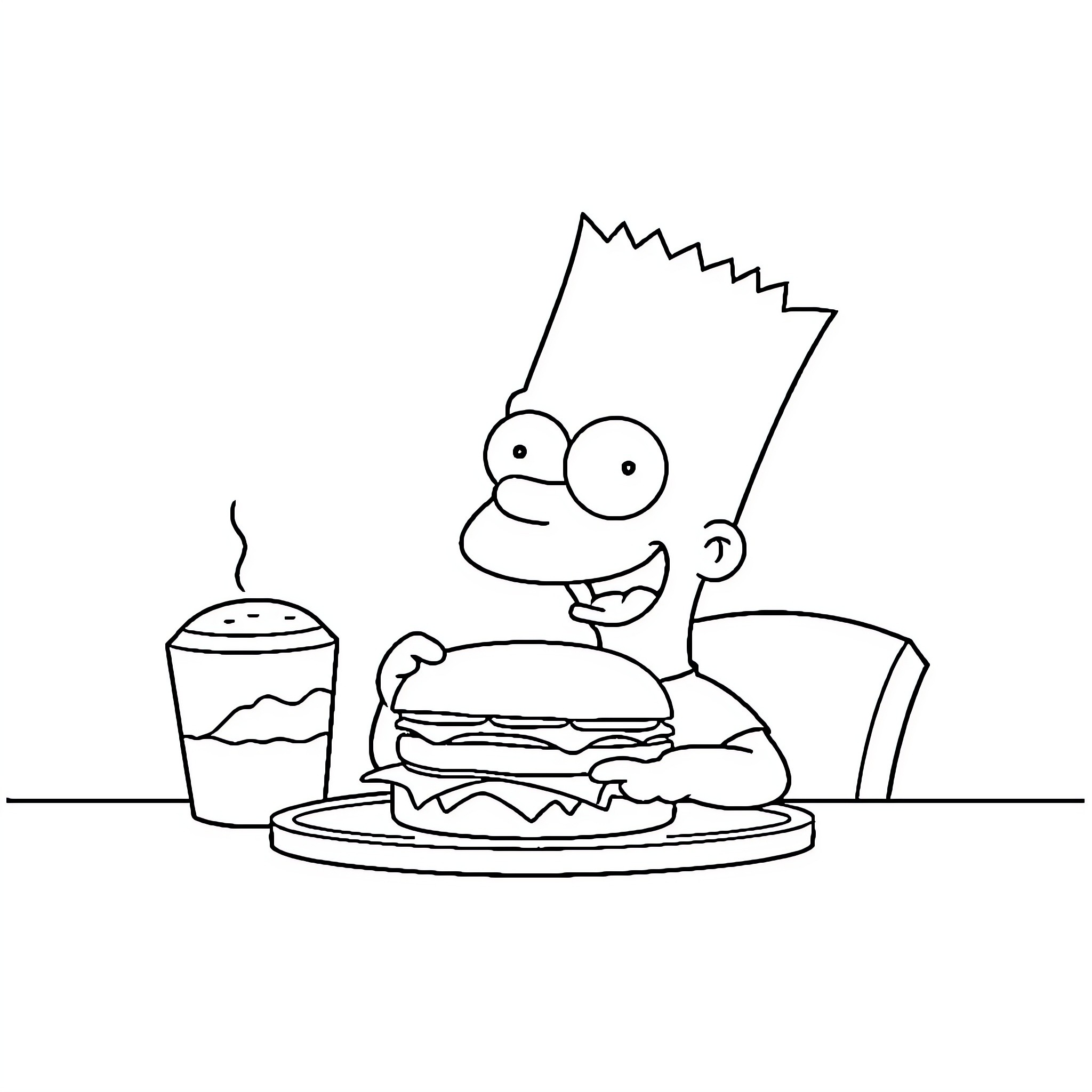 Bart Simpson enjoys a tasty burger and soda Coloring Page (free black-and-white line drawing printable PDF for all, from beginners to advanced learners, including children, teens, adults, and seniors)