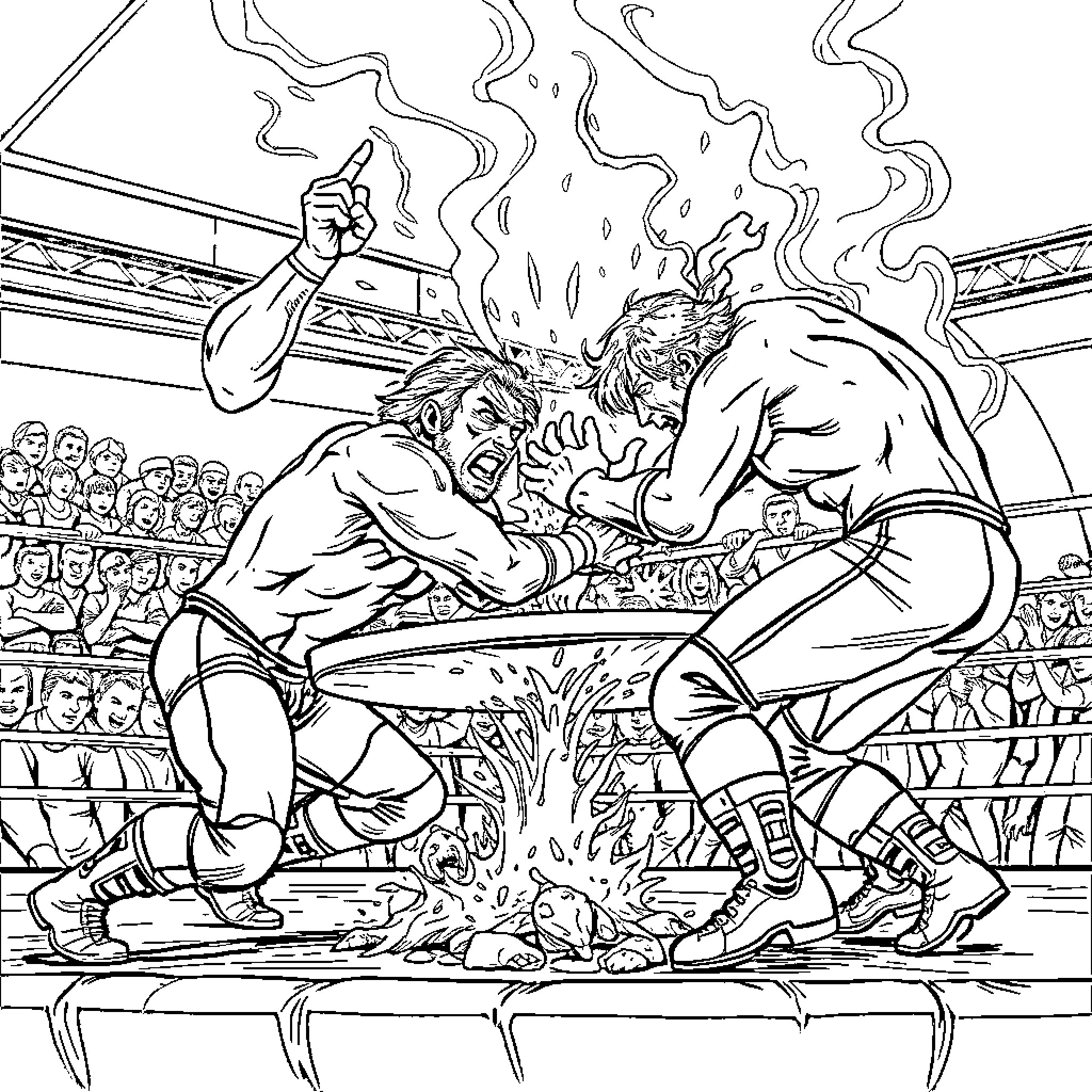 Wrestlers in intense grappling match in the ring Coloring Page (free black-and-white line drawing printable PDF for all, from beginners to advanced learners, including children, teens, adults, and seniors)