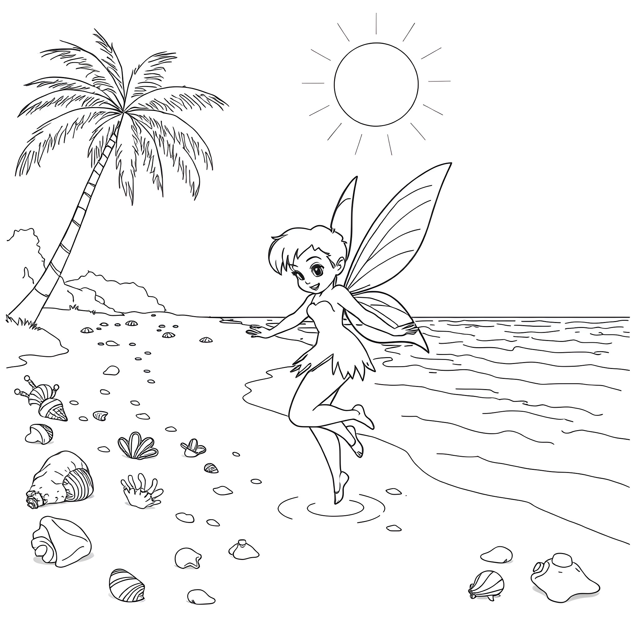 Tinkerbell playing by the beach Coloring Page (free black-and-white line drawing printable PDF for all, from beginners to advanced learners, including children, teens, adults, and seniors)