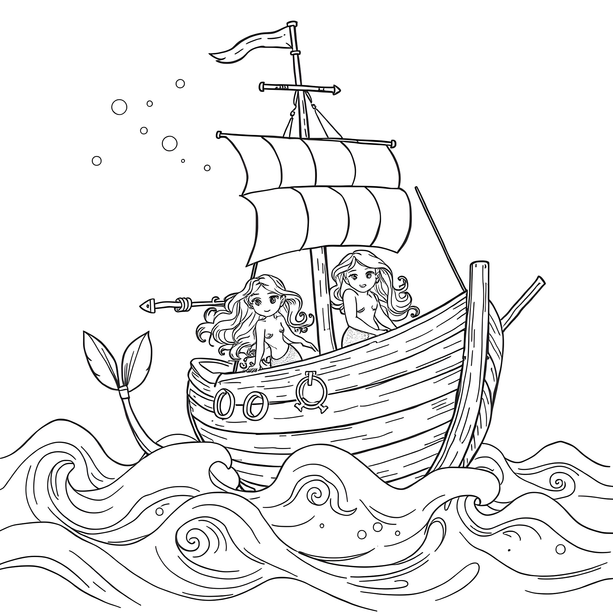 Mermaid's Enchanting Voyage on the High Seas Coloring Page (free black-and-white line drawing printable PDF for all, from beginners to advanced learners, including children, teens, adults, and seniors)