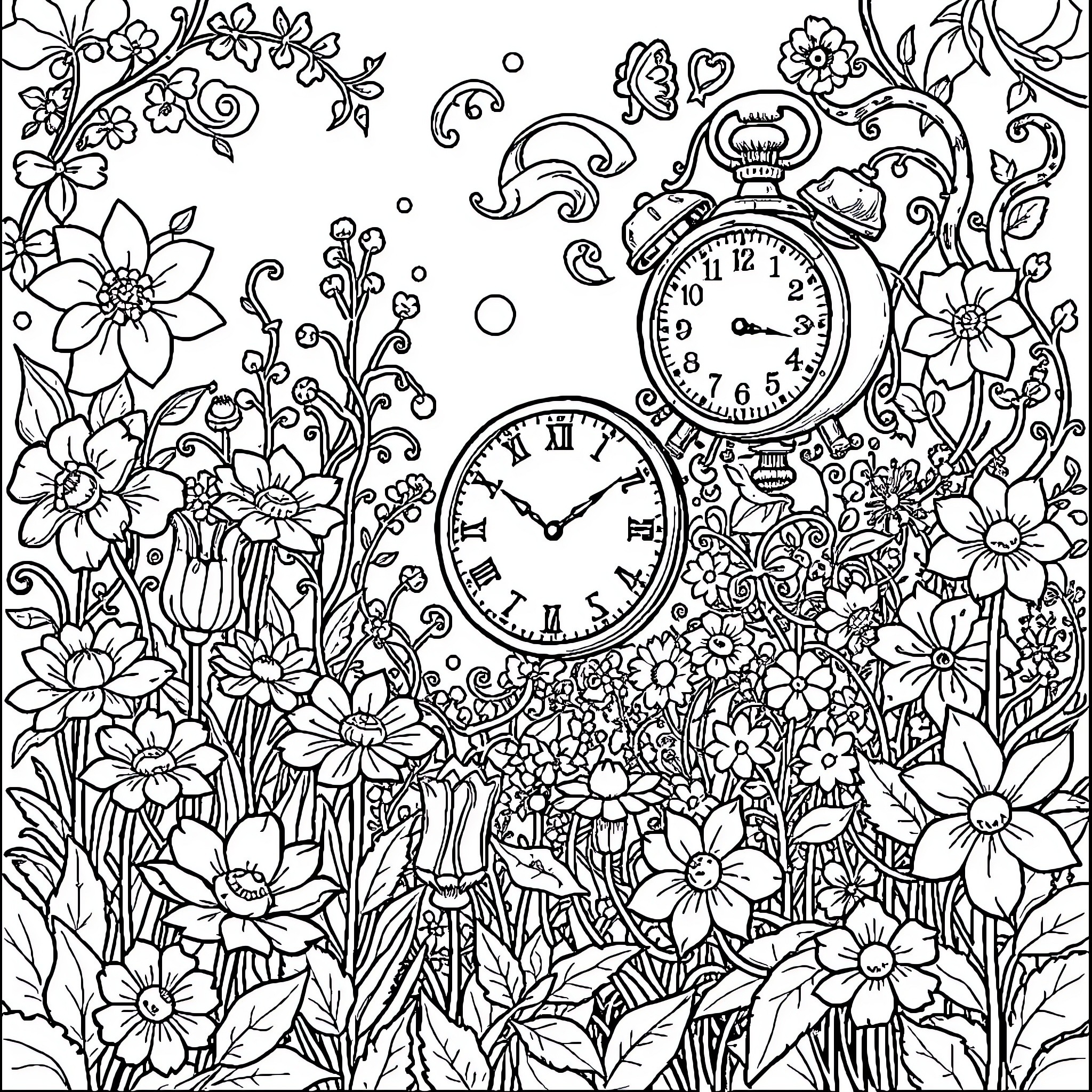 Garden with Whimsical Floral and Pocket Watch Motifs Coloring Page (free black-and-white line drawing printable PDF for all, from beginners to advanced learners, including children, teens, adults, and seniors)