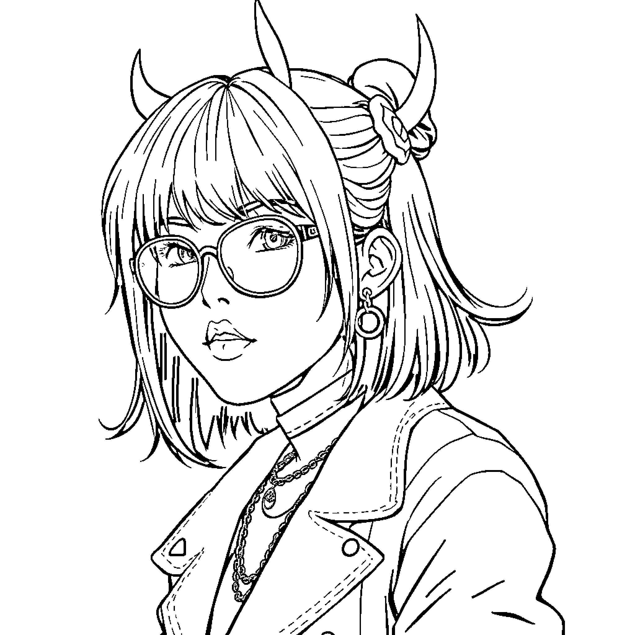 Rumi's Whimsical Anime-Inspired Portrayal Coloring Page (free black-and-white line drawing printable PDF for all, from beginners to advanced learners, including children, teens, adults, and seniors)