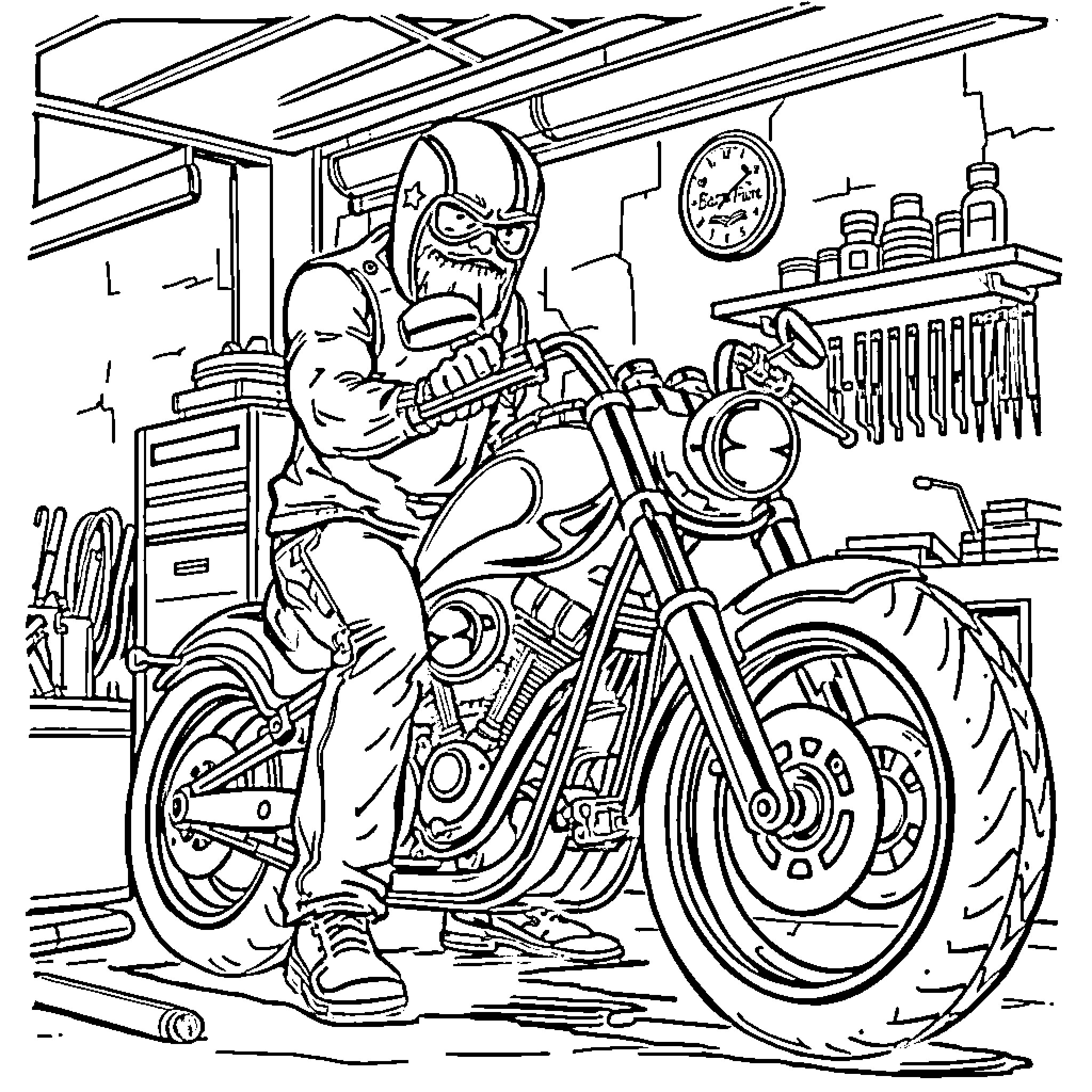 Badman riding his motorcycle in the garage Coloring Page (free black-and-white line drawing printable PDF for all, from beginners to advanced learners, including children, teens, adults, and seniors)