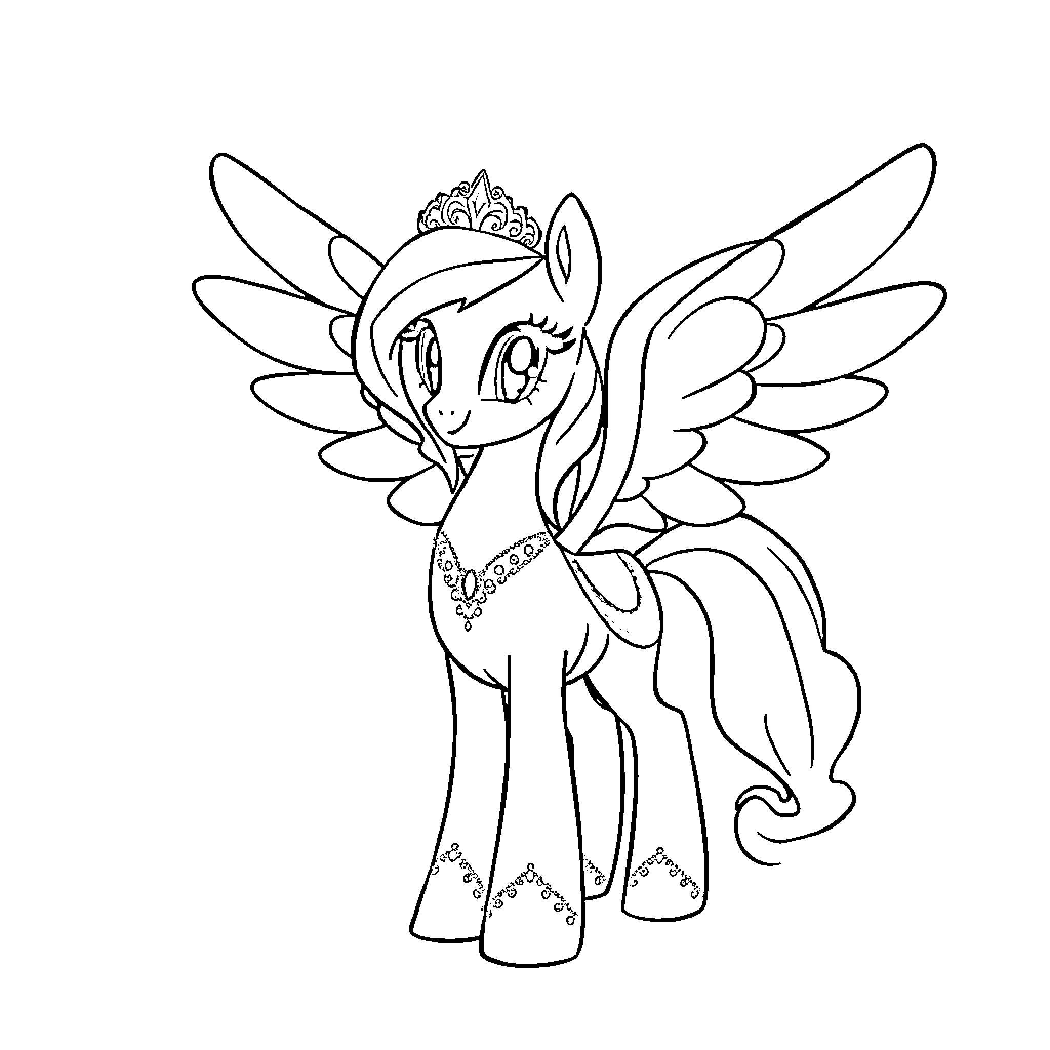 Pony with Sparkly Wings and Tiara Coloring Page (free black-and-white line drawing printable PDF for all, from beginners to advanced learners, including children, teens, adults, and seniors)