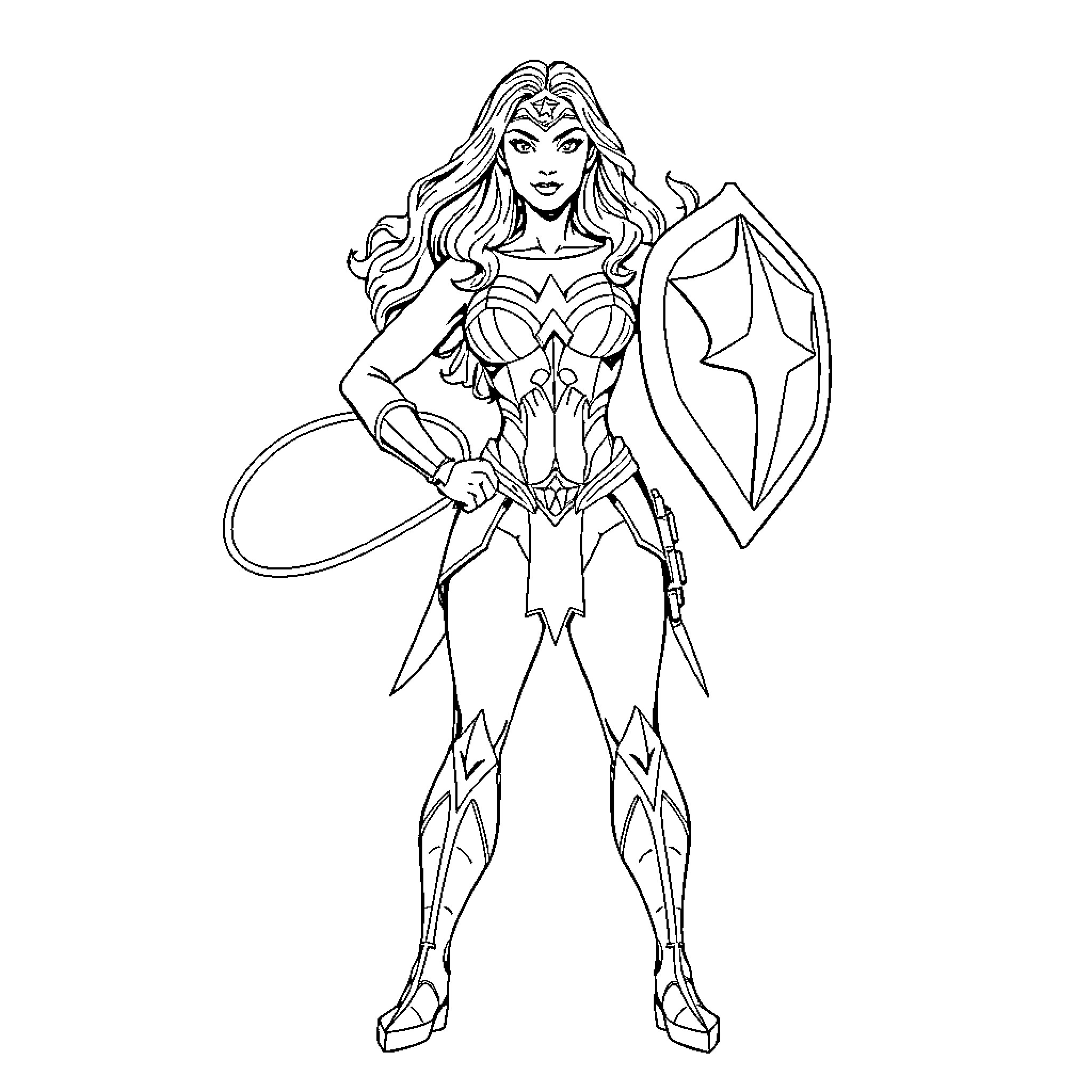 Wonder Woman in Heroic Stance with Sword and Shield Coloring Page (free black-and-white line drawing printable PDF for all, from beginners to advanced learners, including children, teens, adults, and seniors)