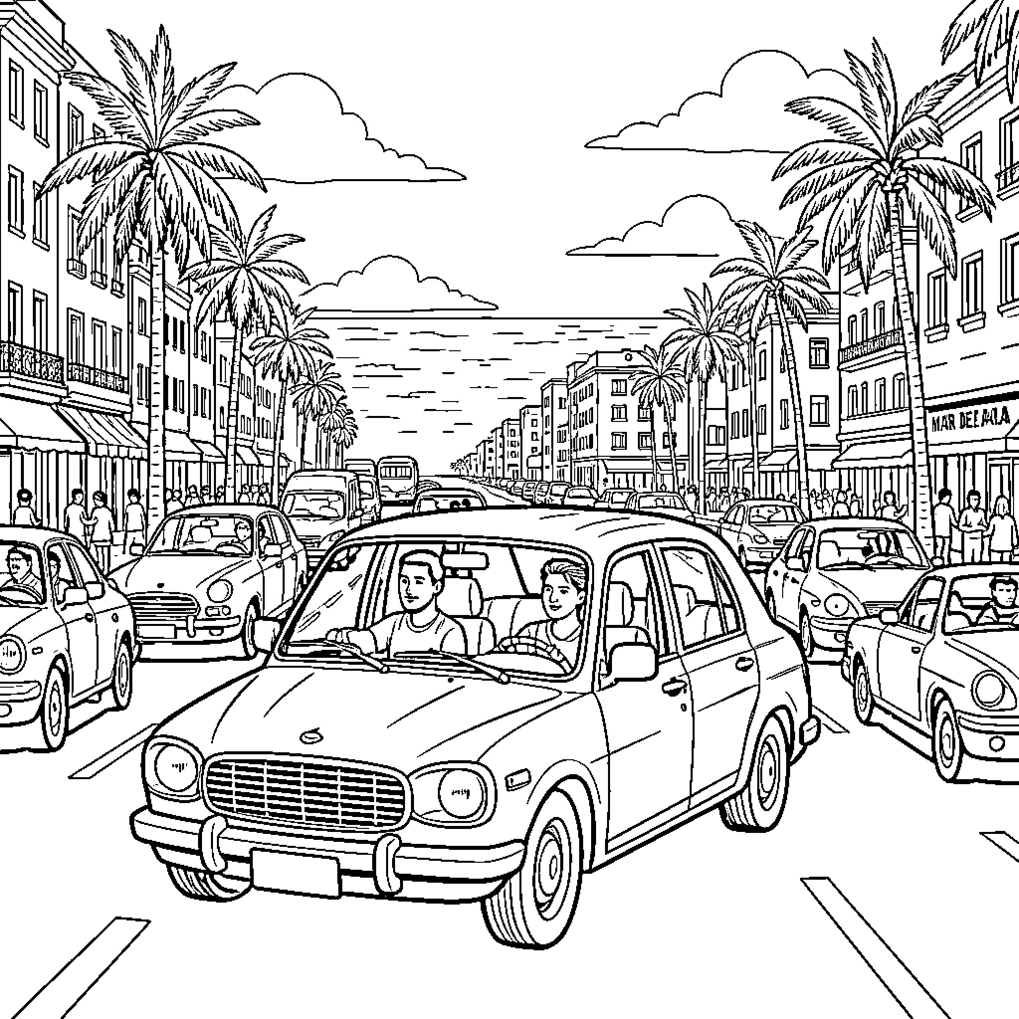 Colectivo driving through a busy tropical street scene Coloring Page (free black-and-white line drawing printable PDF for all, from beginners to advanced learners, including children, teens, adults, and seniors)