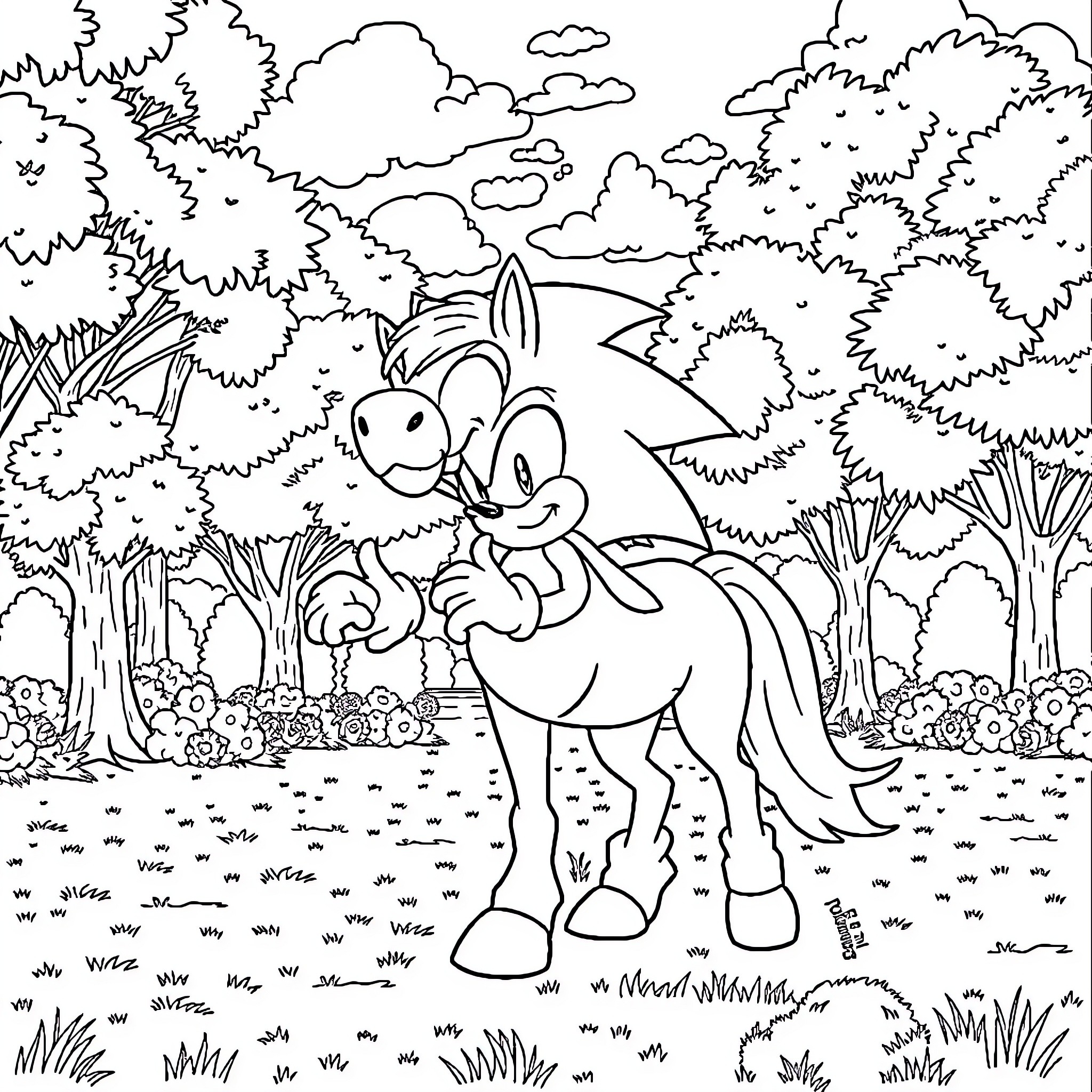 Sonic the Hedgehog Exploring the Enchanted Forest Coloring Page (free black-and-white line drawing printable PDF for all, from beginners to advanced learners, including children, teens, adults, and seniors)