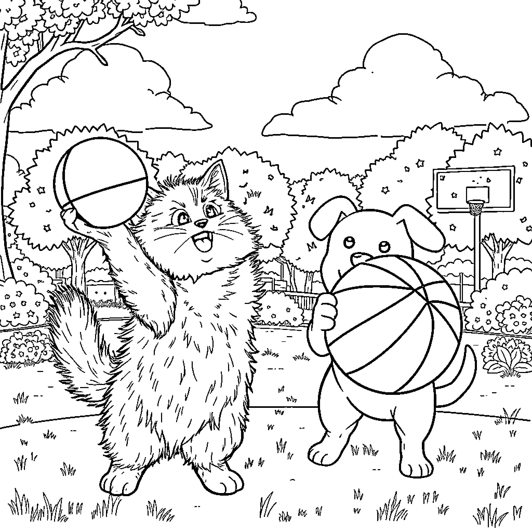 Cat and Dog Playing Outdoors Coloring Page (free black-and-white line drawing printable PDF for all, from beginners to advanced learners, including children, teens, adults, and seniors)