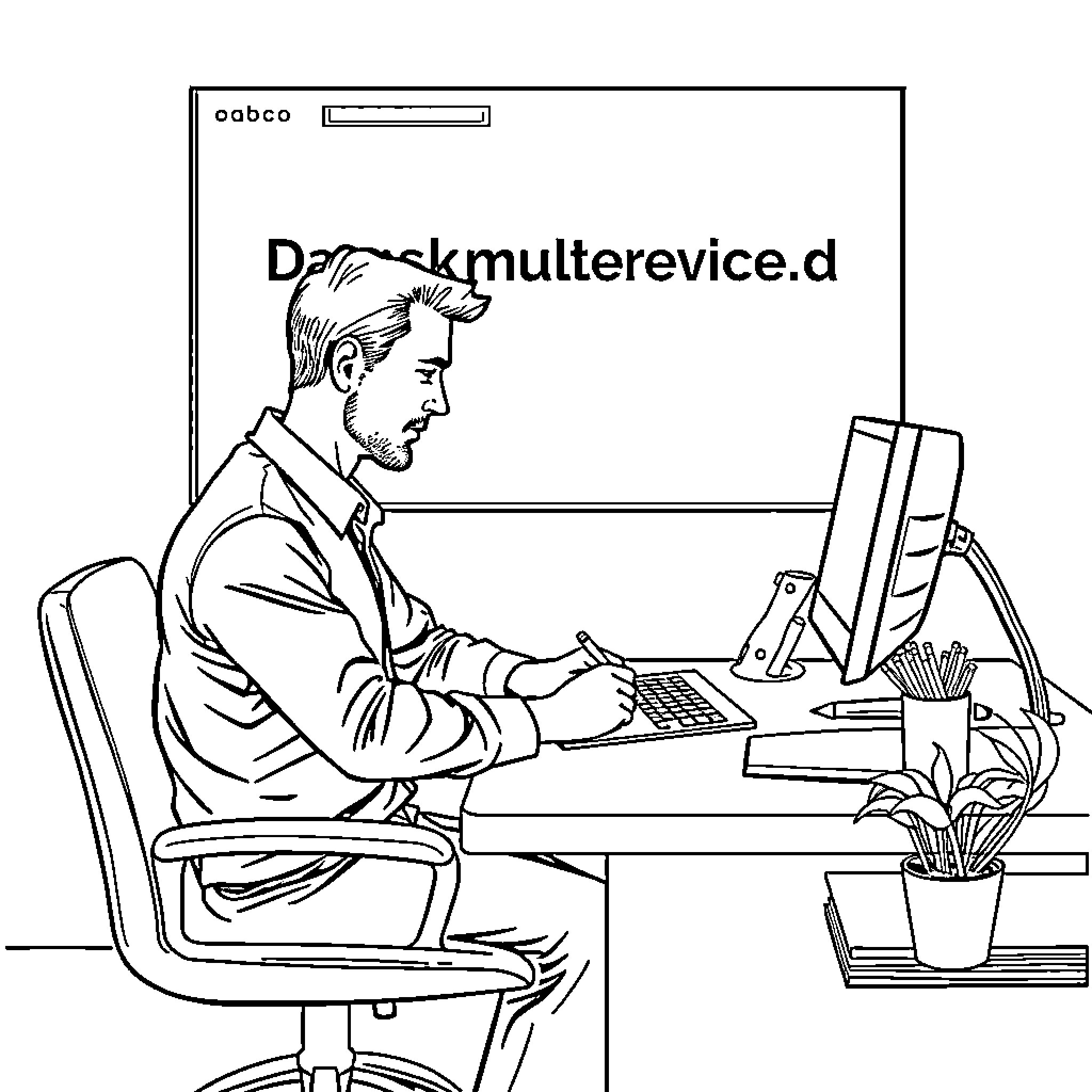 Man working diligently at his computer Coloring Page (free black-and-white line drawing printable PDF for all, from beginners to advanced learners, including children, teens, adults, and seniors)