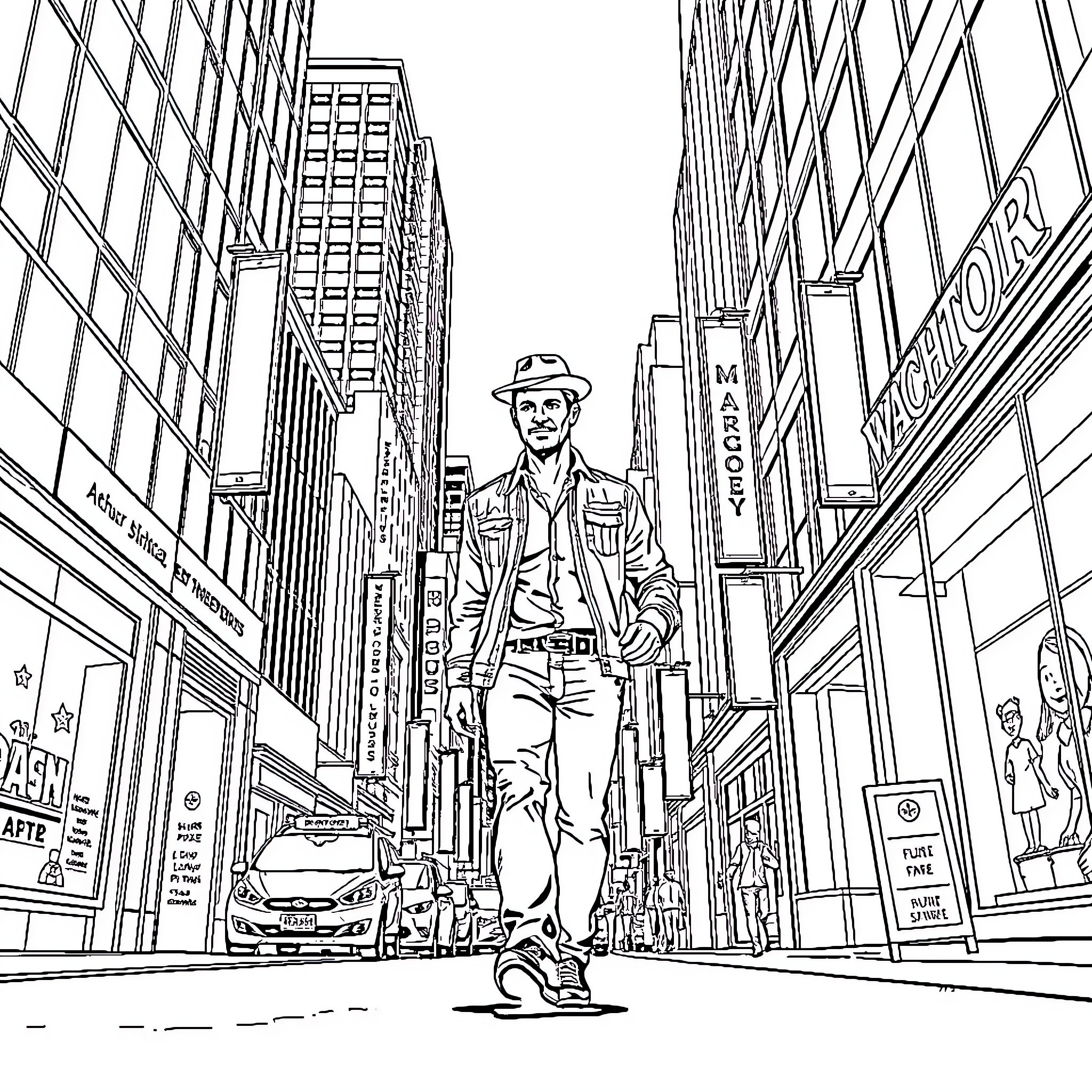 Arthur Morgan exploring the bustling city streets Coloring Page (free black-and-white line drawing printable PDF for all, from beginners to advanced learners, including children, teens, adults, and seniors)
