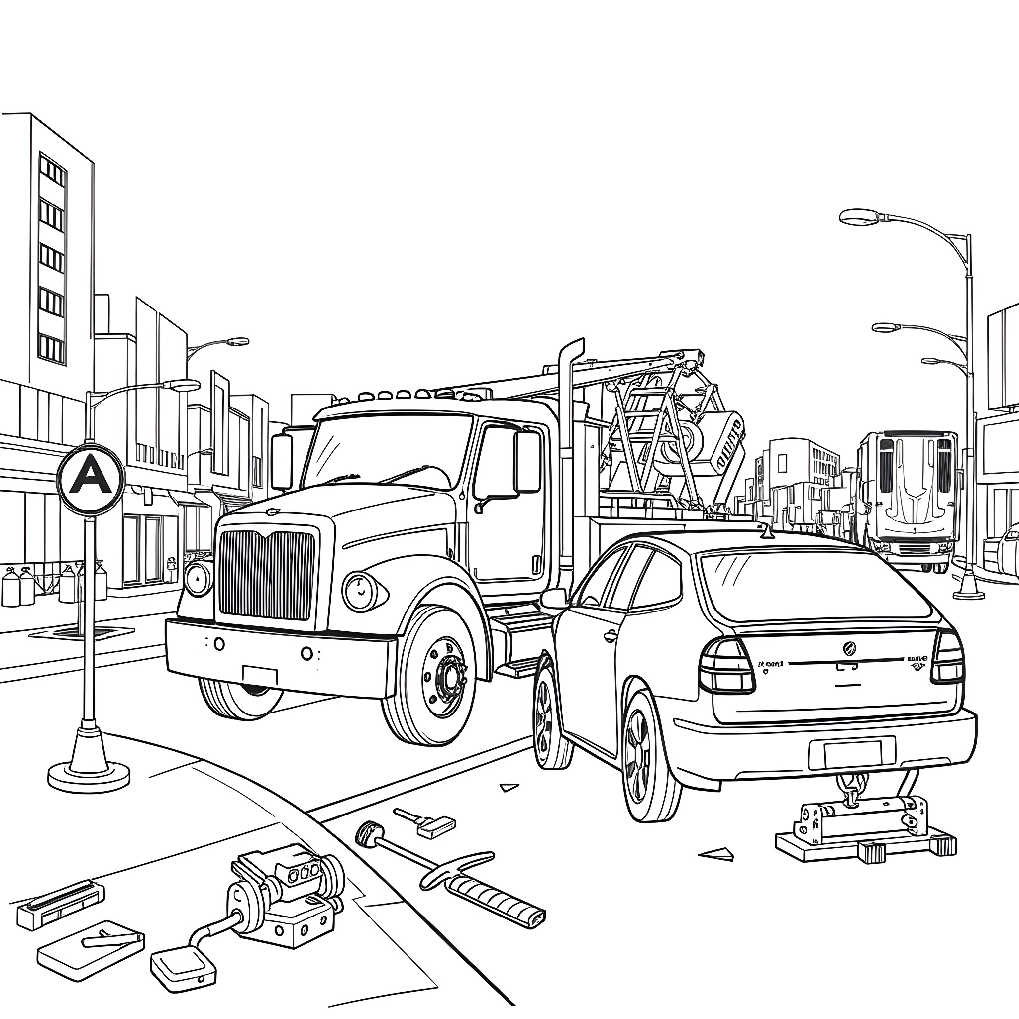 Tow Truck assisting vehicle on city street Coloring Page (free black-and-white line drawing printable PDF for all, from beginners to advanced learners, including children, teens, adults, and seniors)