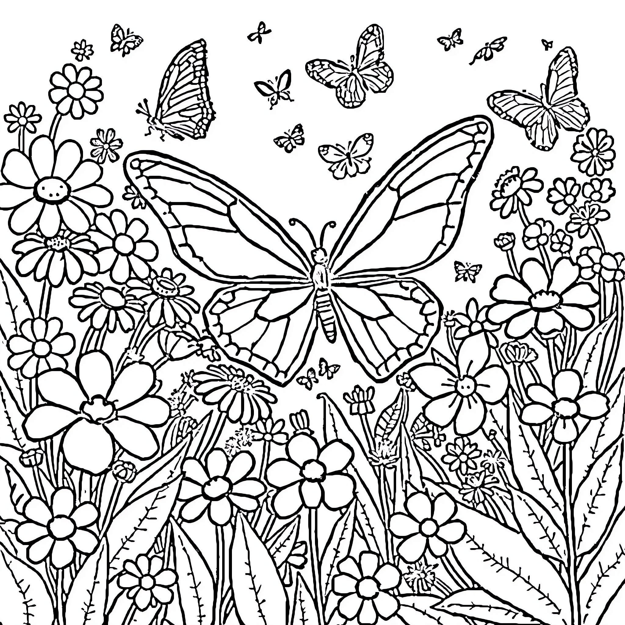 Butterfly garden with floral abundance Coloring Page (free black-and-white line drawing printable PDF for all, from beginners to advanced learners, including children, teens, adults, and seniors)