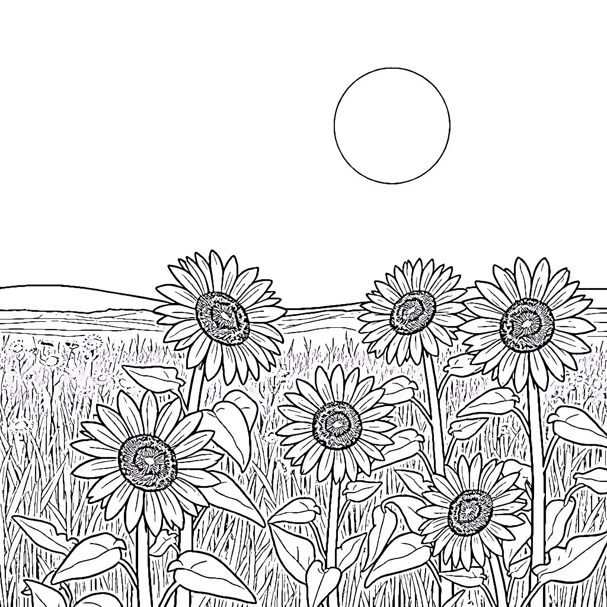 Sunflower field under the sun Coloring Page (free black-and-white line drawing printable PDF for all, from beginners to advanced learners, including children, teens, adults, and seniors)