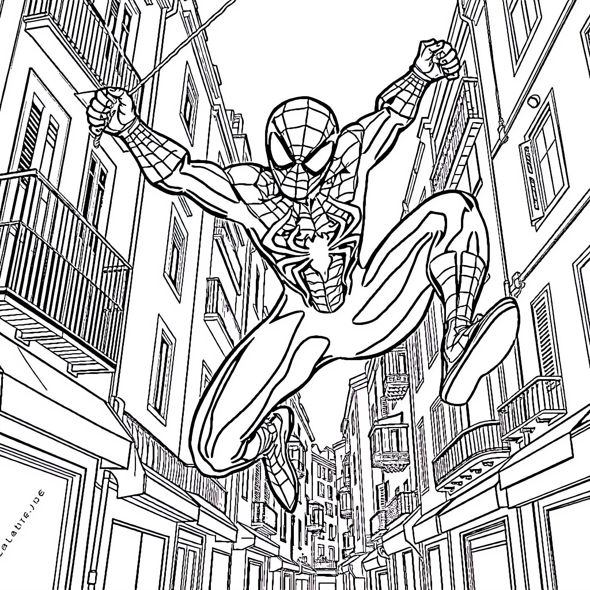 Spiderman swinging through the city streets Coloring Page (free black-and-white line drawing printable PDF for all, from beginners to advanced learners, including children, teens, adults, and seniors)