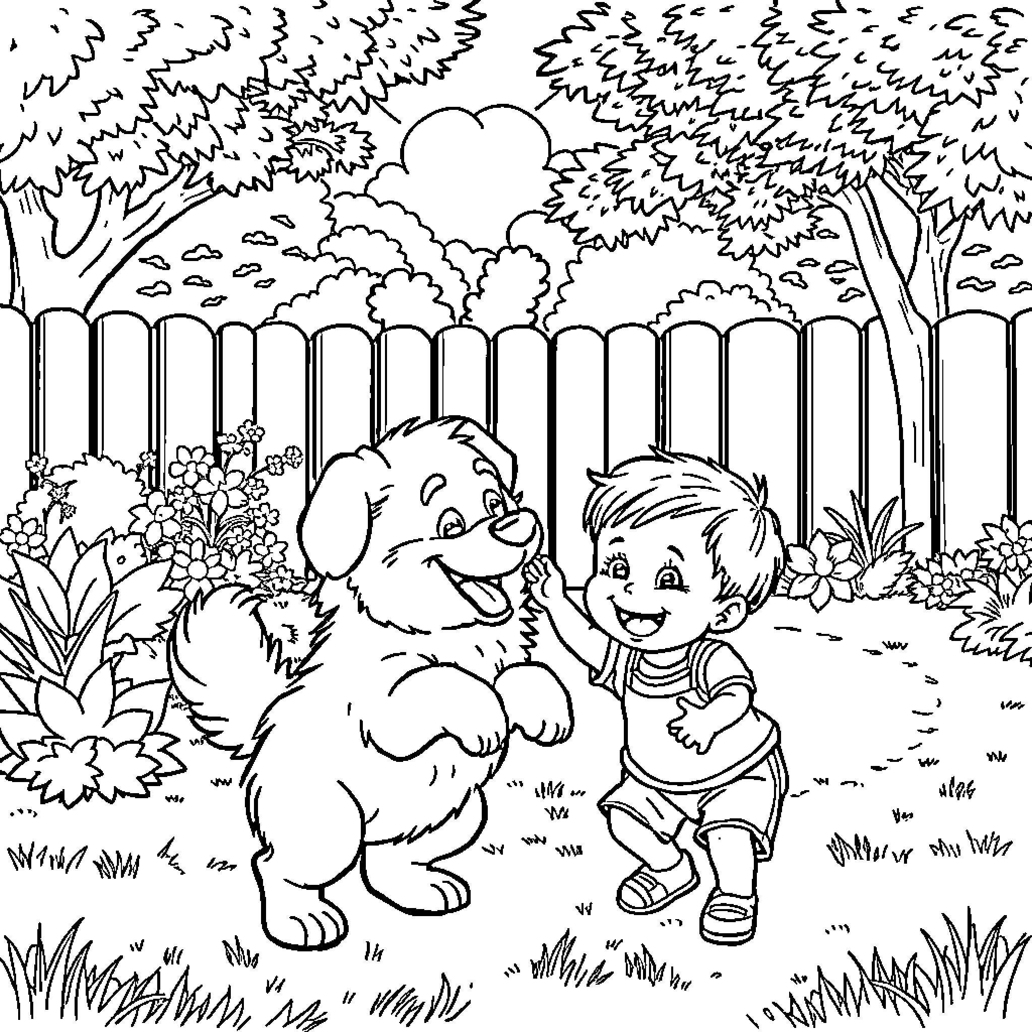 Dog and child playing in a garden Coloring Page (free black-and-white line drawing printable PDF for all, from beginners to advanced learners, including children, teens, adults, and seniors)