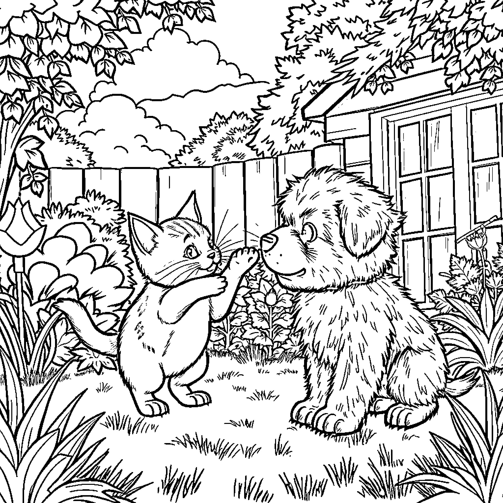 Cat and Dog Playing Outdoors Coloring Page (free black-and-white line drawing printable PDF for all, from beginners to advanced learners, including children, teens, adults, and seniors)