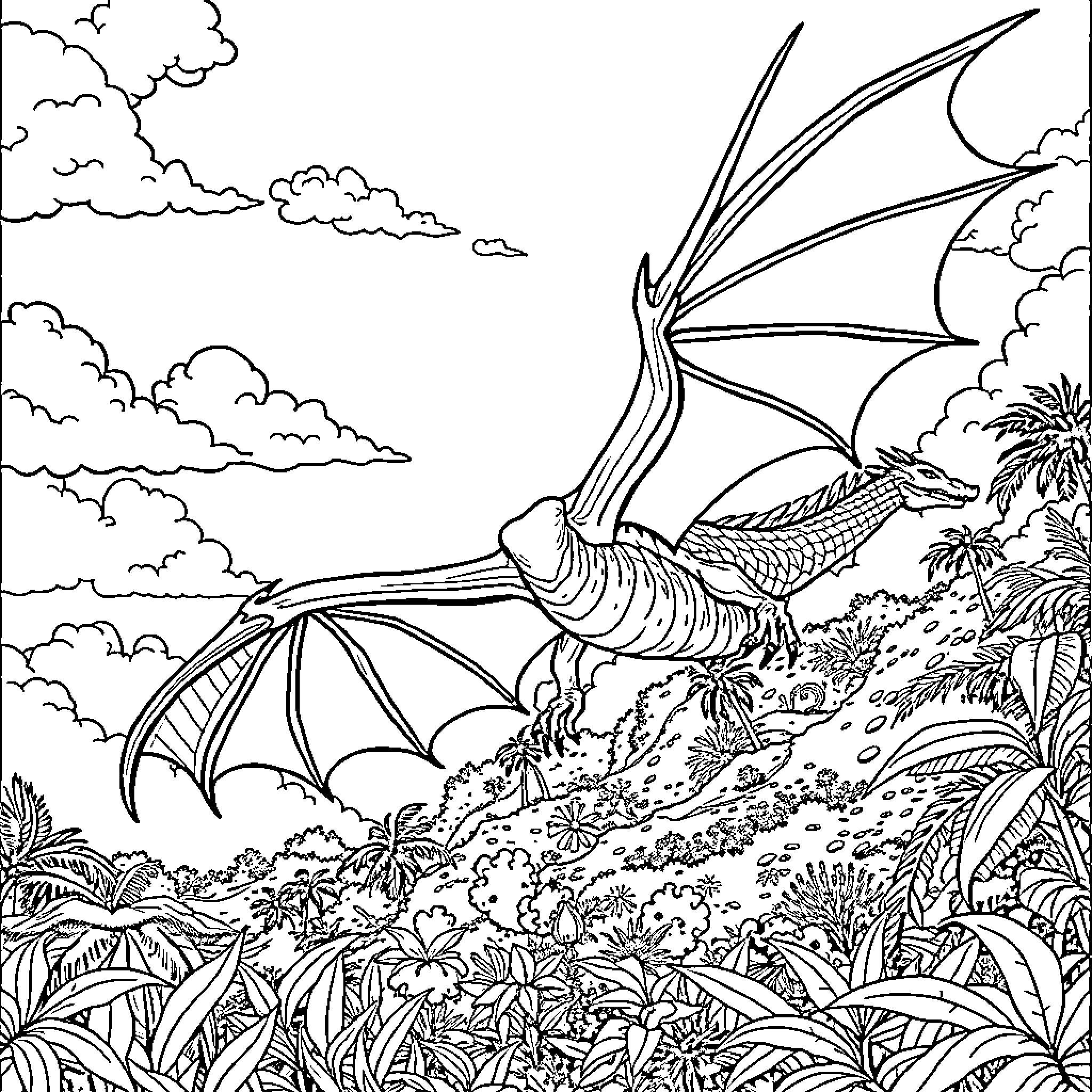 Dragon soaring over lush tropical landscape Coloring Page (free black-and-white line drawing printable PDF for all, from beginners to advanced learners, including children, teens, adults, and seniors)