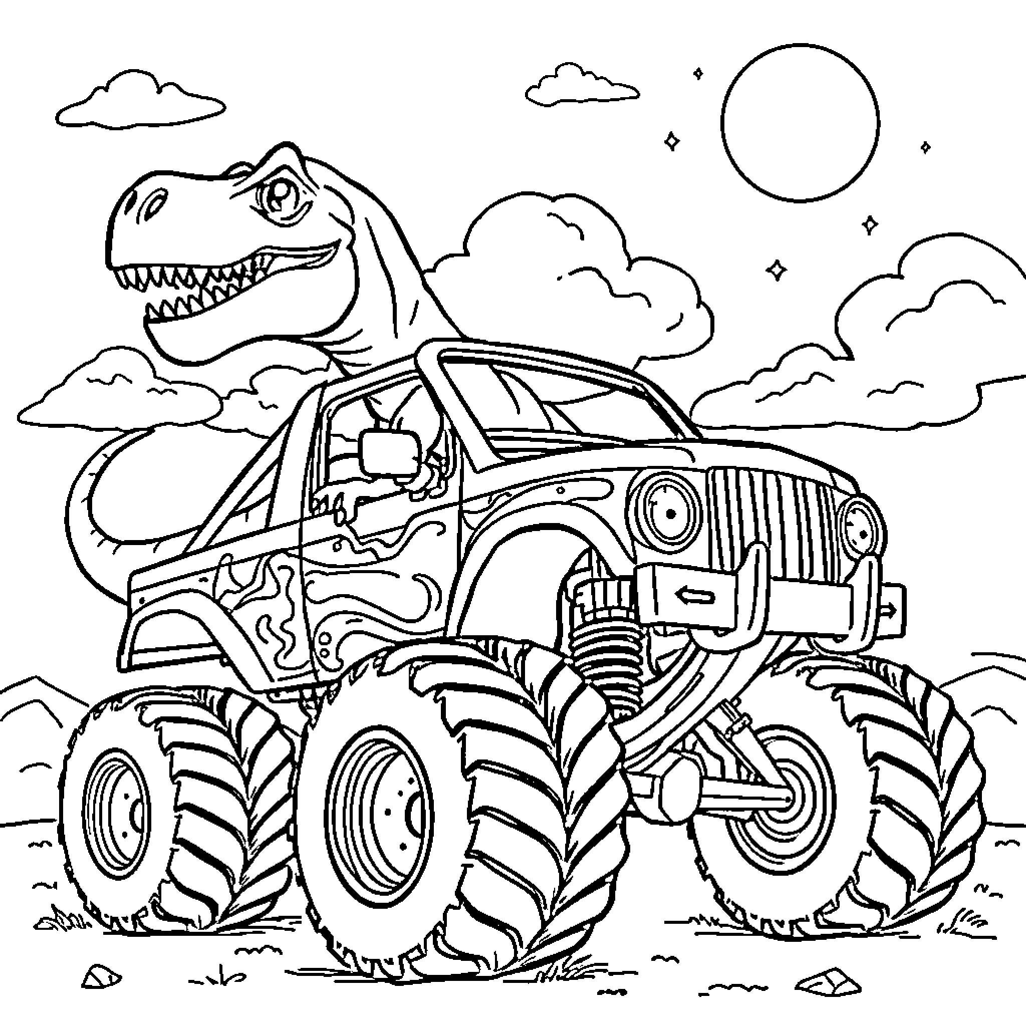 Dinosaur driving monster truck through the night Coloring Page (free black-and-white line drawing printable PDF for all, from beginners to advanced learners, including children, teens, adults, and seniors)