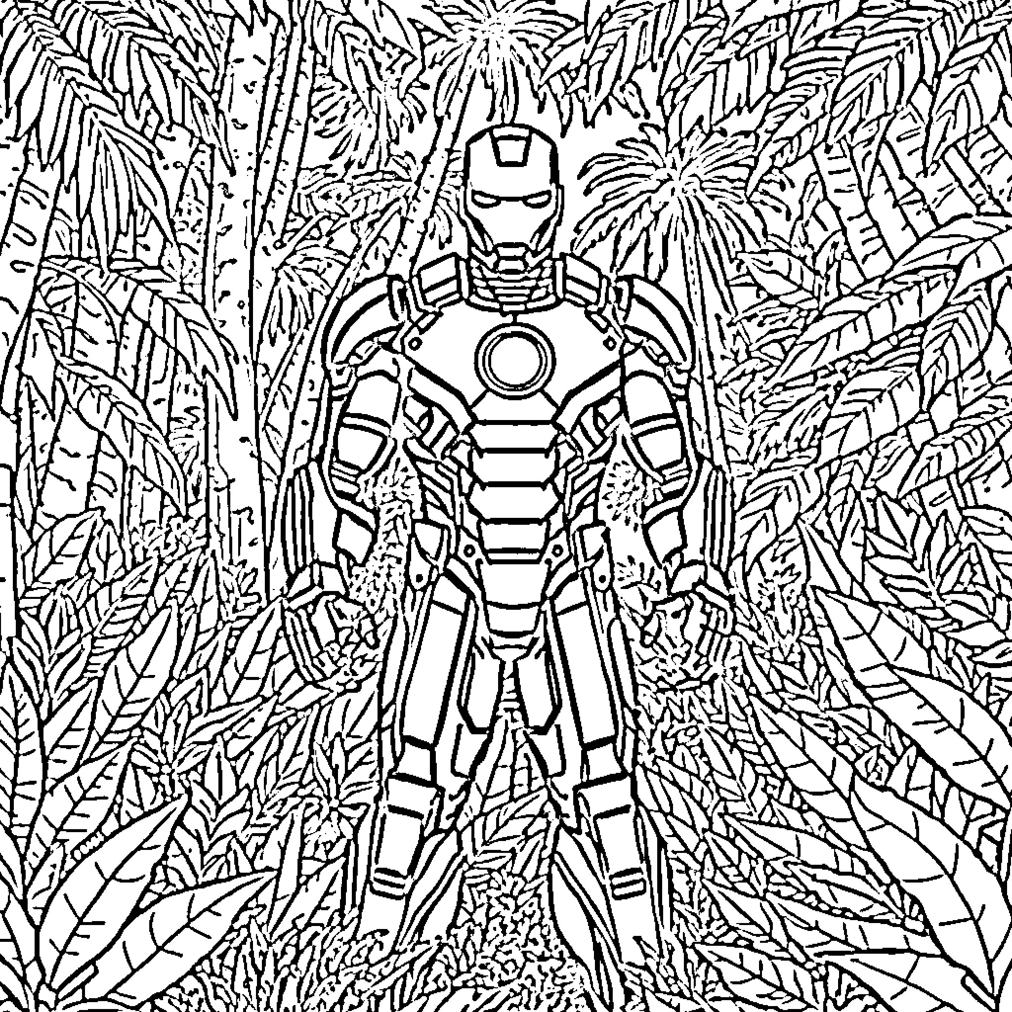Iron Man fighting through the jungle landscape Coloring Page (free black-and-white line drawing printable PDF for all, from beginners to advanced learners, including children, teens, adults, and seniors)