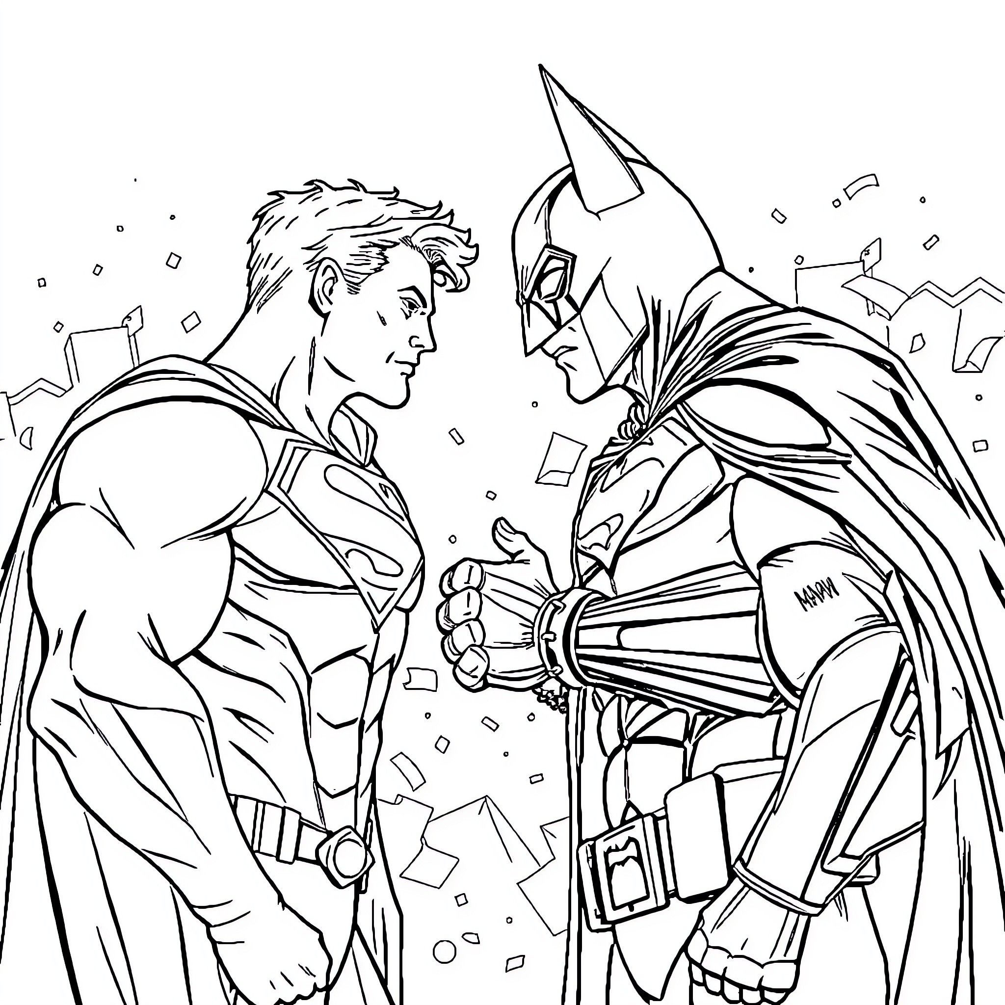 Superman and Batman Facing Off in Epic Confrontation Coloring Page (free black-and-white line drawing printable PDF for all, from beginners to advanced learners, including children, teens, adults, and seniors)