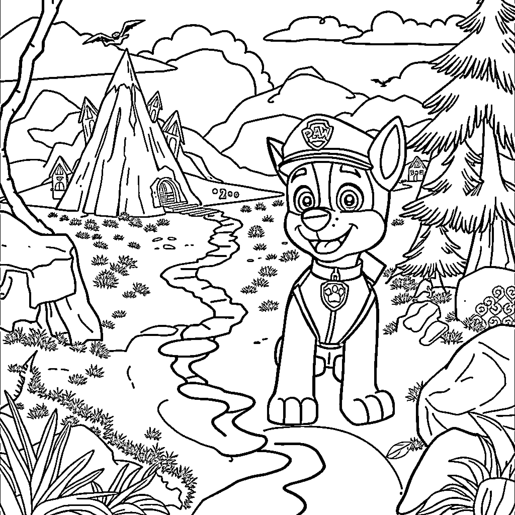 Treasure Map of Paw Patrol Adventure Coloring Page (free black-and-white line drawing printable PDF for all, from beginners to advanced learners, including children, teens, adults, and seniors)