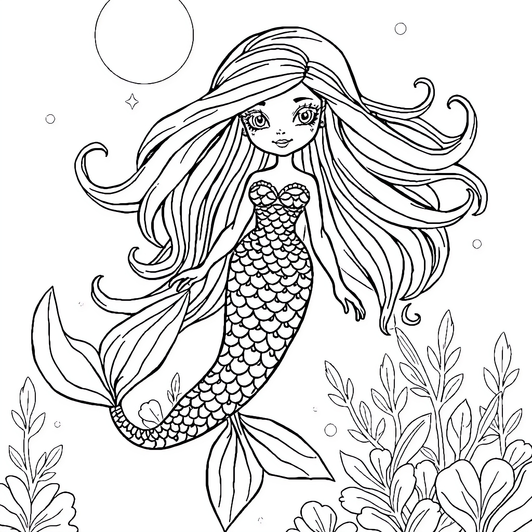 Mermaid with flowing hair exploring the underwater world Coloring Page (free black-and-white line drawing printable PDF for all, from beginners to advanced learners, including children, teens, adults, and seniors)