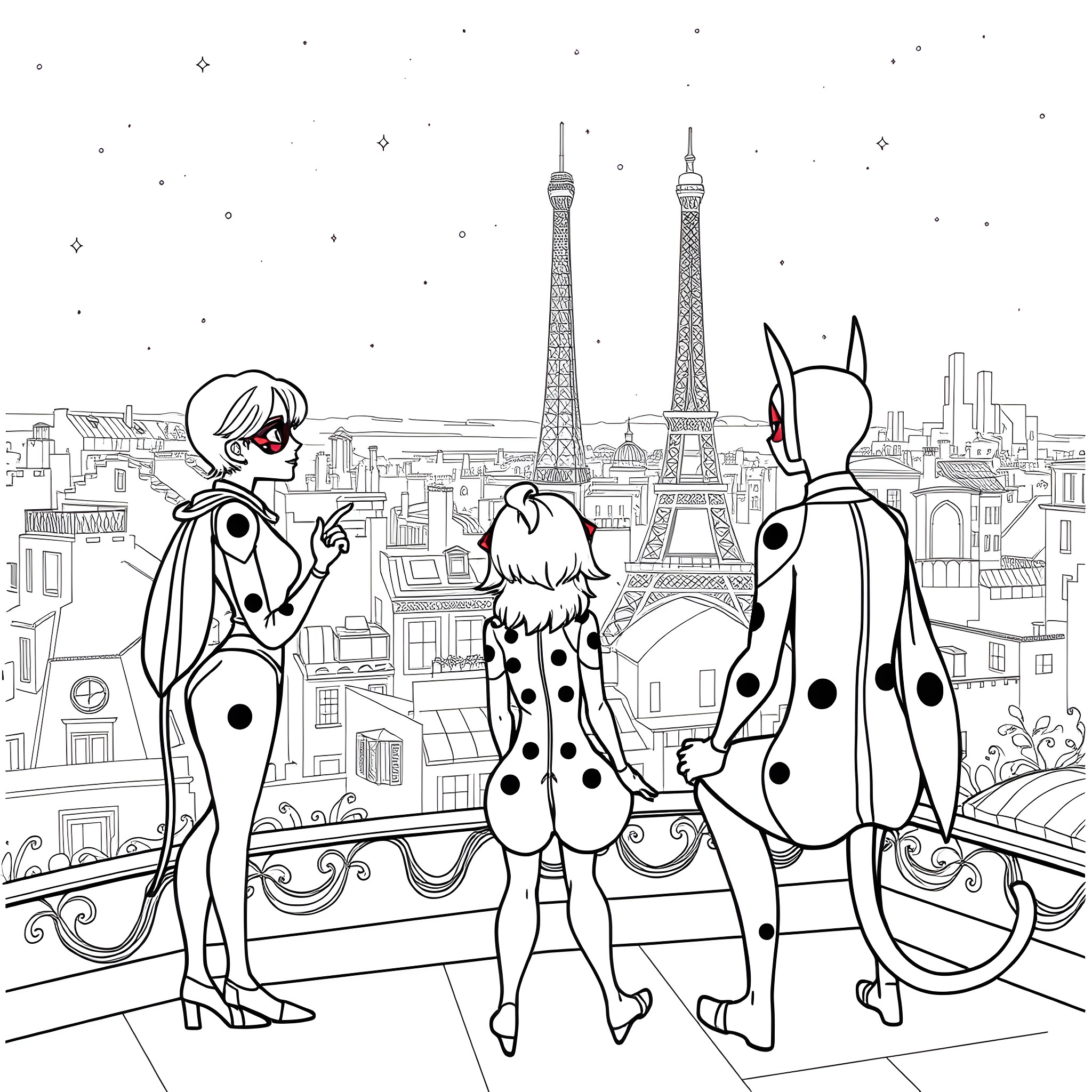 Ladybug friends enjoying the view of Paris Coloring Page (free black-and-white line drawing printable PDF for all, from beginners to advanced learners, including children, teens, adults, and seniors)