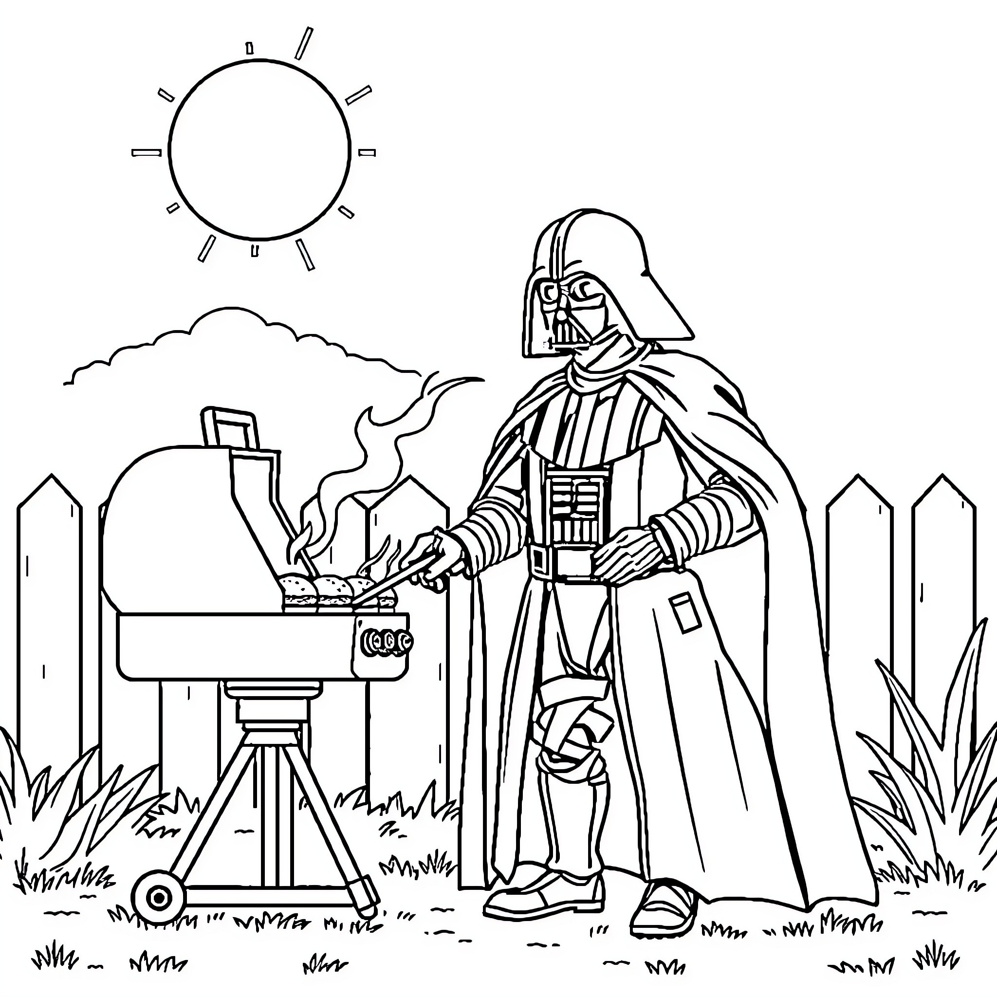 Darth Vader Surveying the Landscape Coloring Page (free black-and-white line drawing printable PDF for all, from beginners to advanced learners, including children, teens, adults, and seniors)