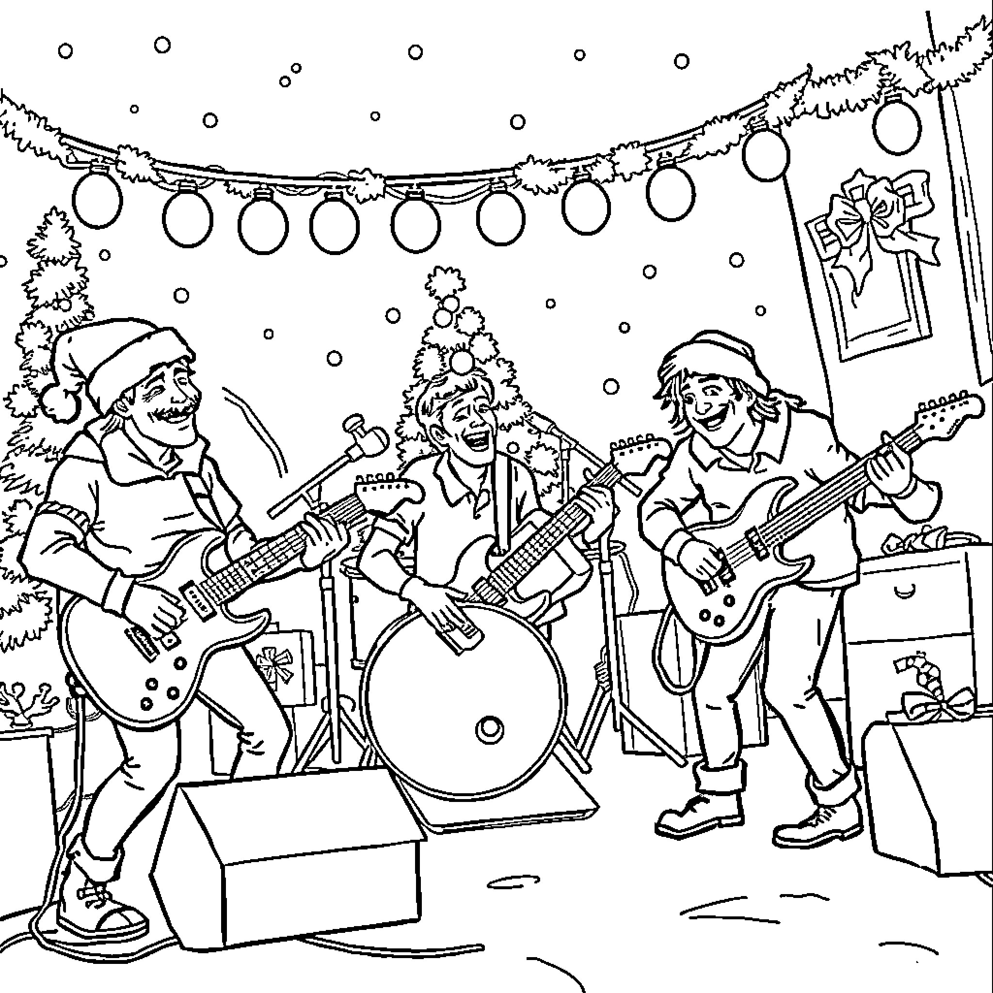 Christmas Rock Band Playing Music on Stage Coloring Page (free black-and-white line drawing printable PDF for all, from beginners to advanced learners, including children, teens, adults, and seniors)