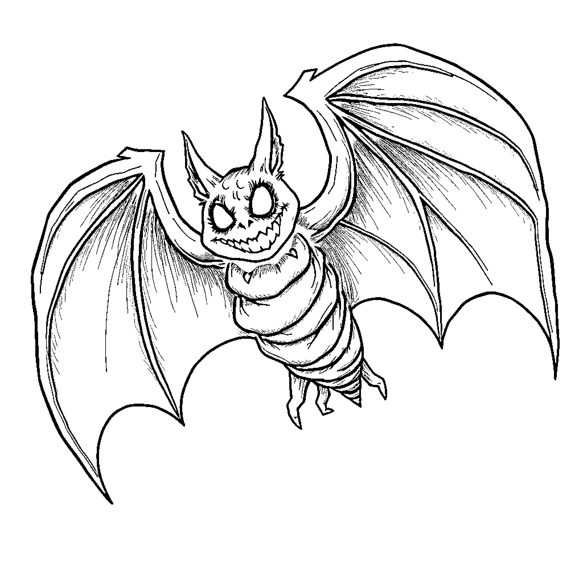 Oogie Boogie Bat Soaring Through the Night Coloring Page (free black-and-white line drawing printable PDF for all, from beginners to advanced learners, including children, teens, adults, and seniors)