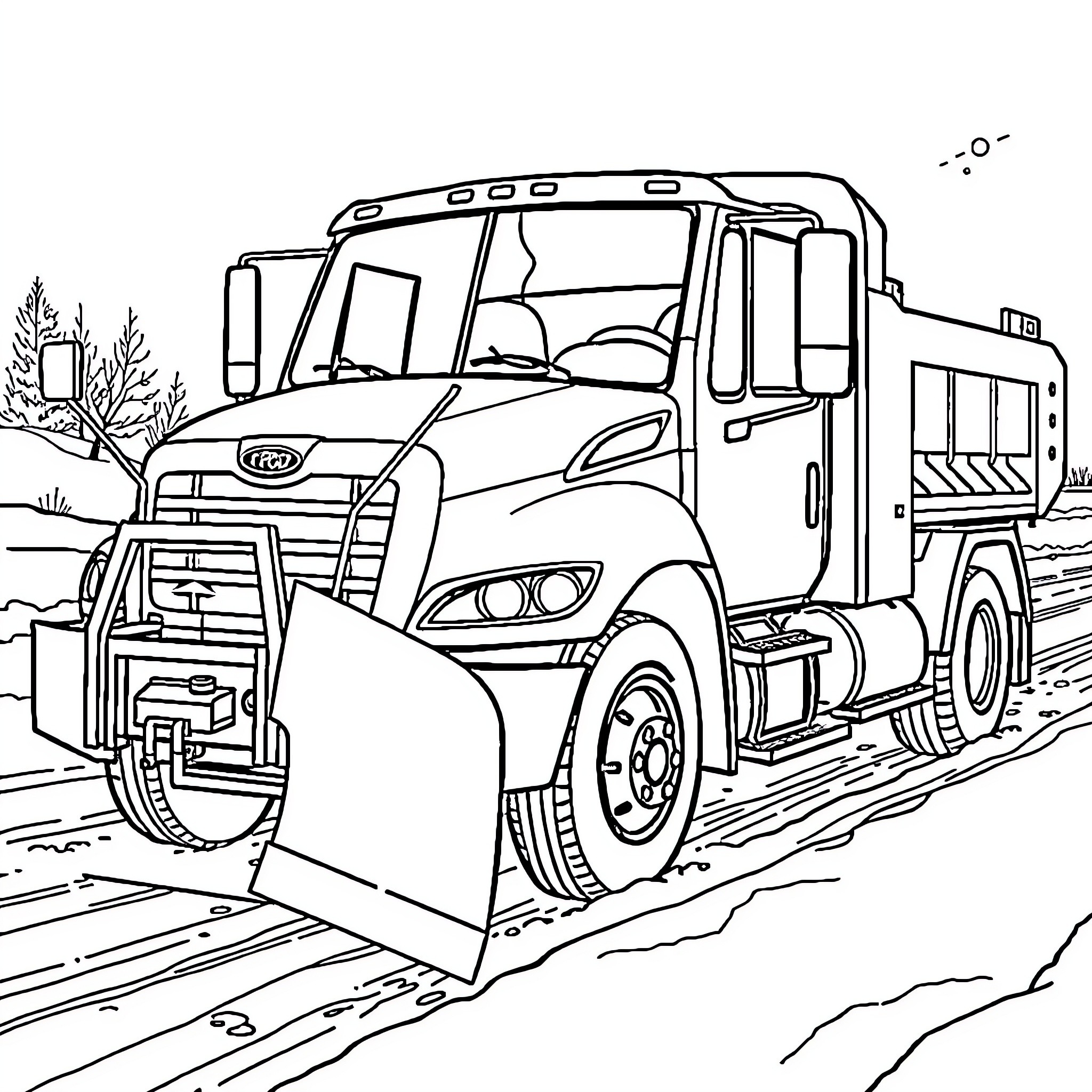 Snow Plow Truck Clearing the Road in Snowy Landscape Coloring Page (free black-and-white line drawing printable PDF for all, from beginners to advanced learners, including children, teens, adults, and seniors)