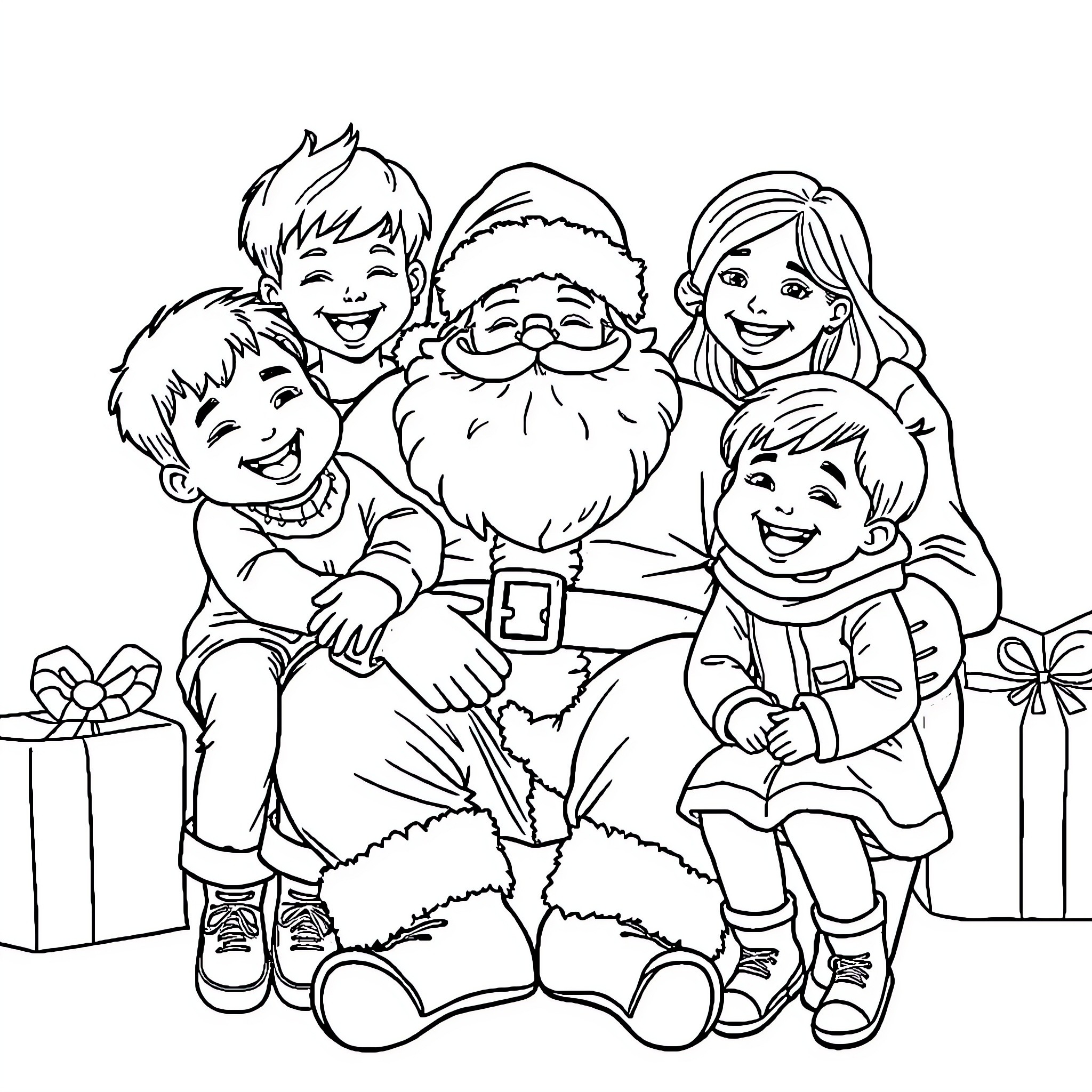 Kid's Christmas with Santa Claus and family Coloring Page (free black-and-white line drawing printable PDF for all, from beginners to advanced learners, including children, teens, adults, and seniors)