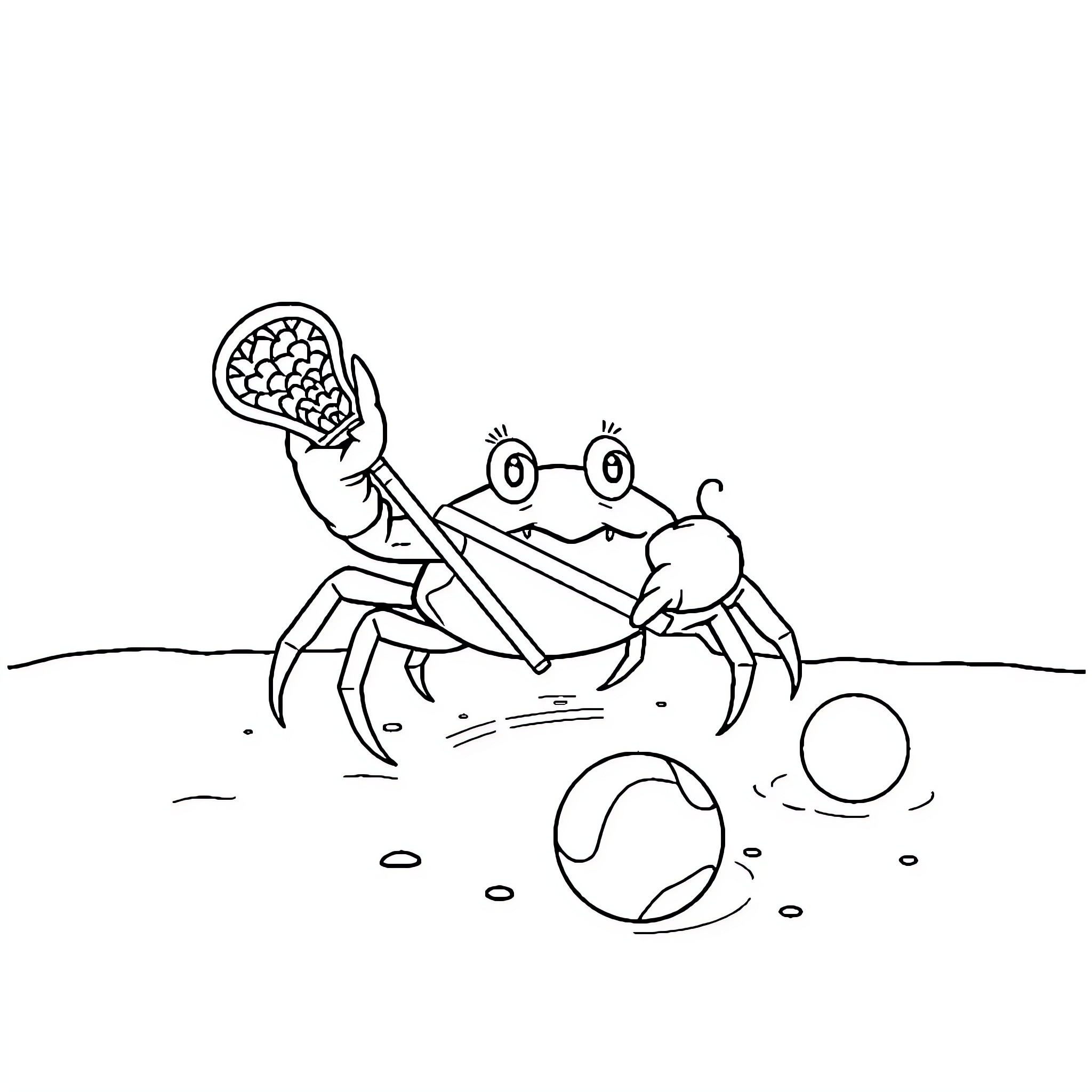 Crab playing with beach ball on the shore Coloring Page (free black-and-white line drawing printable PDF for all, from beginners to advanced learners, including children, teens, adults, and seniors)