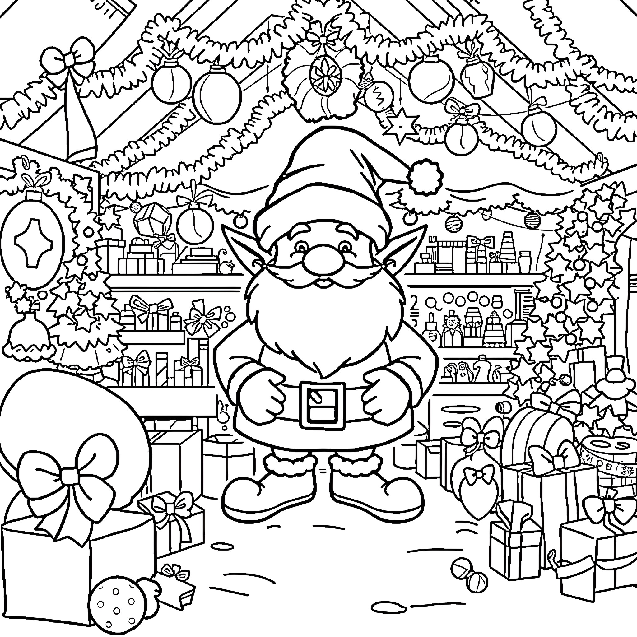 Elfster Gnome's Festive Holiday Wonderland Coloring Page (free black-and-white line drawing printable PDF for all, from beginners to advanced learners, including children, teens, adults, and seniors)