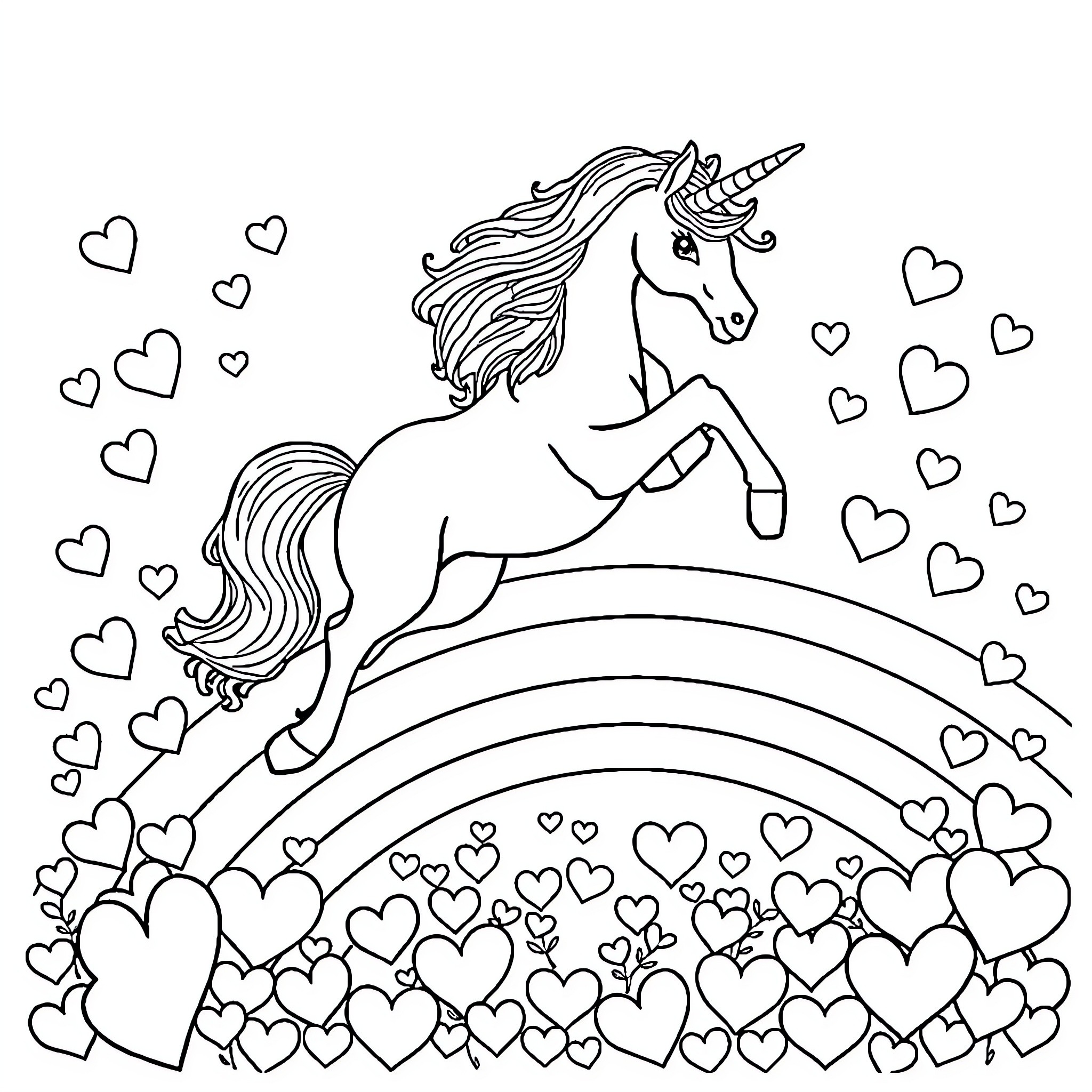 Unicorn leaping joyfully across a rainbow of hearts Coloring Page (free black-and-white line drawing printable PDF for all, from beginners to advanced learners, including children, teens, adults, and seniors)