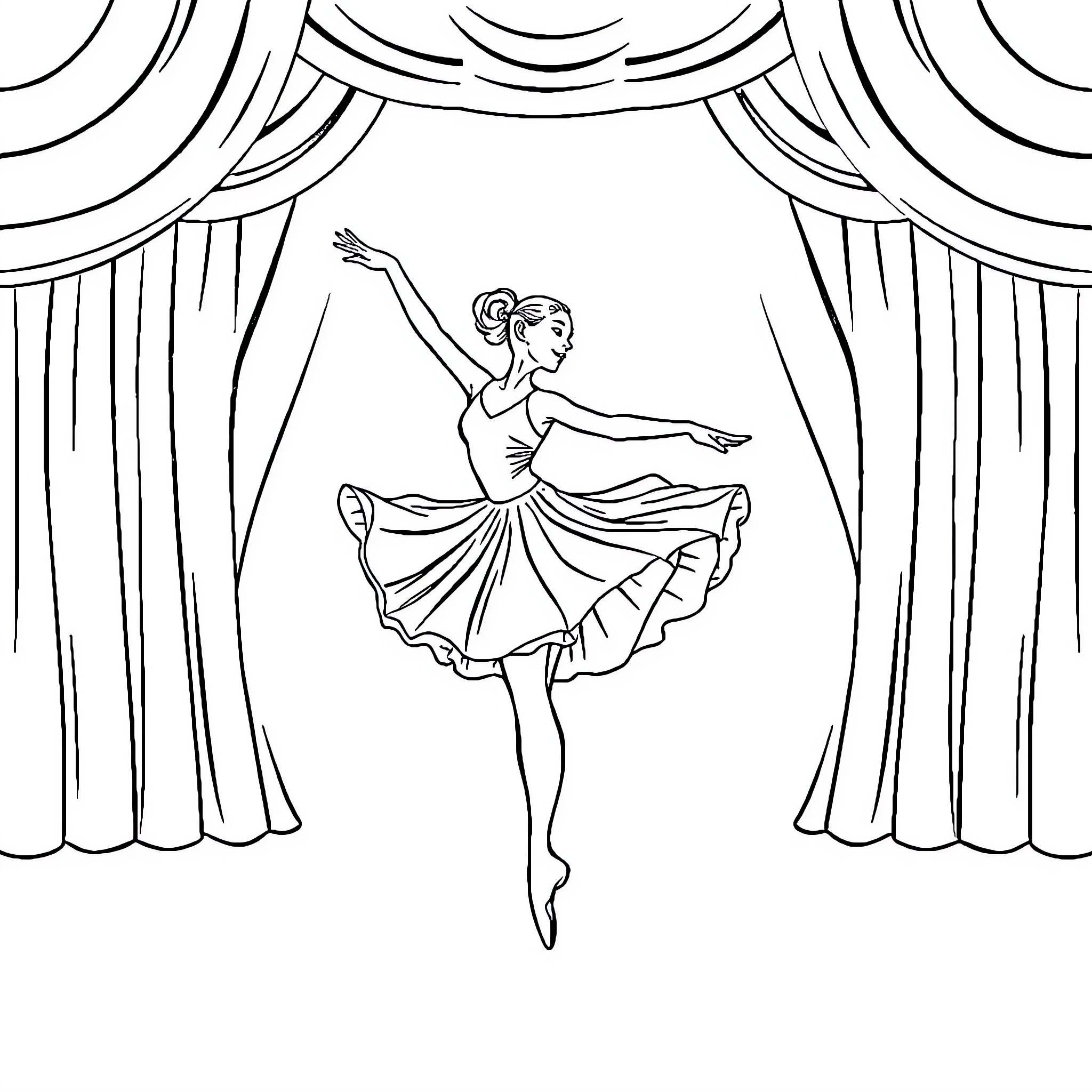 Ballerina performing gracefully on stage Coloring Page (free black-and-white line drawing printable PDF for all, from beginners to advanced learners, including children, teens, adults, and seniors)