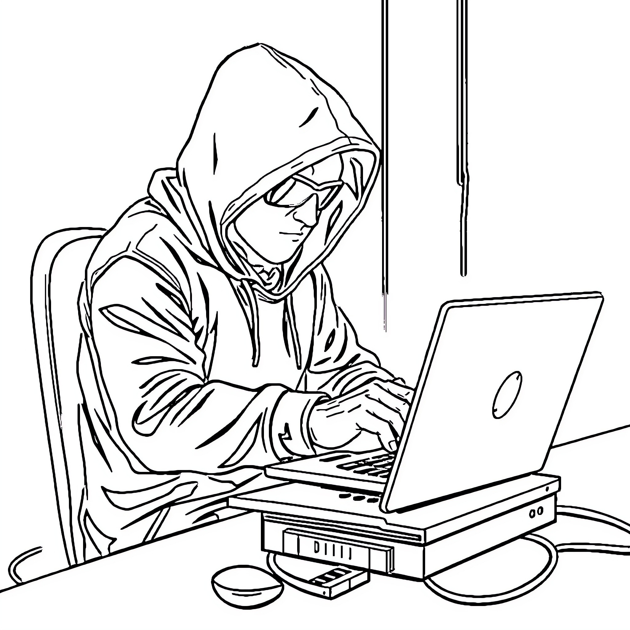 Hacker working intently on a laptop Coloring Page (free black-and-white line drawing printable PDF for all, from beginners to advanced learners, including children, teens, adults, and seniors)
