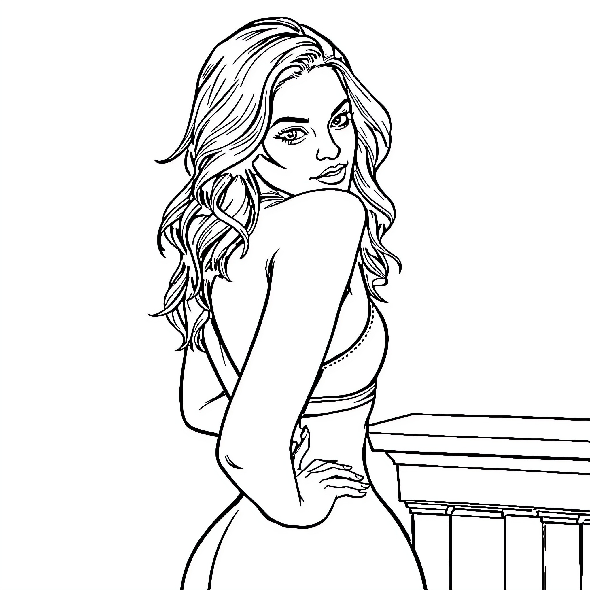 Sydney Sweeney in elegant dress posing confidently Coloring Page (free black-and-white line drawing printable PDF for all, from beginners to advanced learners, including children, teens, adults, and seniors)