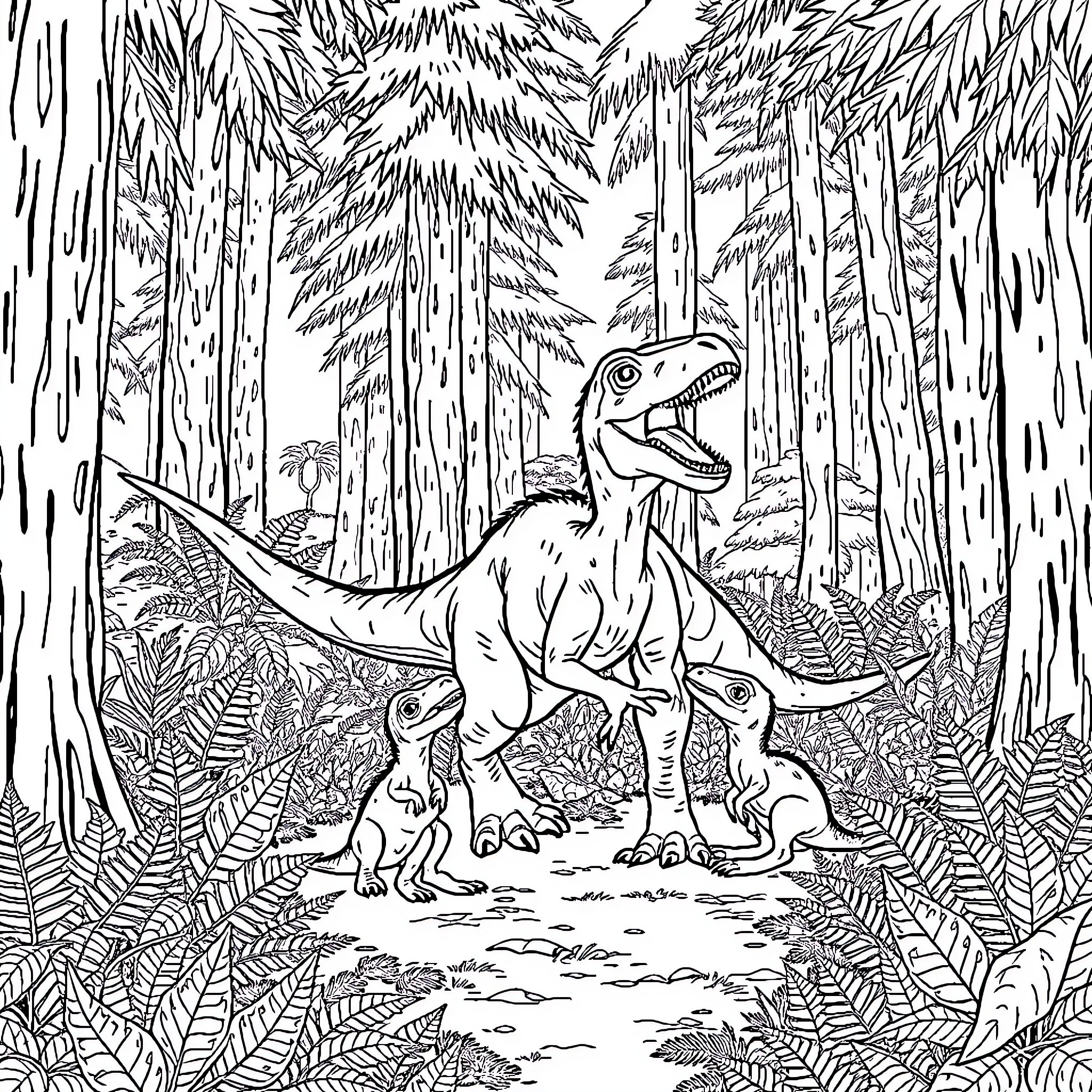 Velociraptor Hunting in the Jurassic Wilderness Coloring Page (free black-and-white line drawing printable PDF for all, from beginners to advanced learners, including children, teens, adults, and seniors)