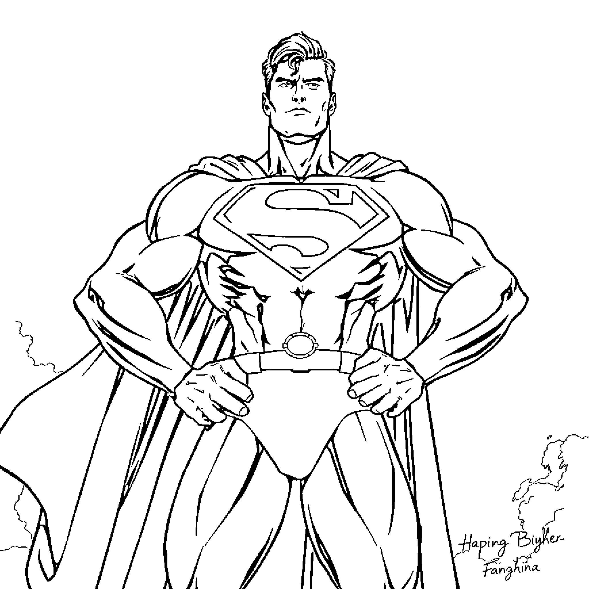 Superman in heroic stance with iconic symbol Coloring Page (free black-and-white line drawing printable PDF for all, from beginners to advanced learners, including children, teens, adults, and seniors)
