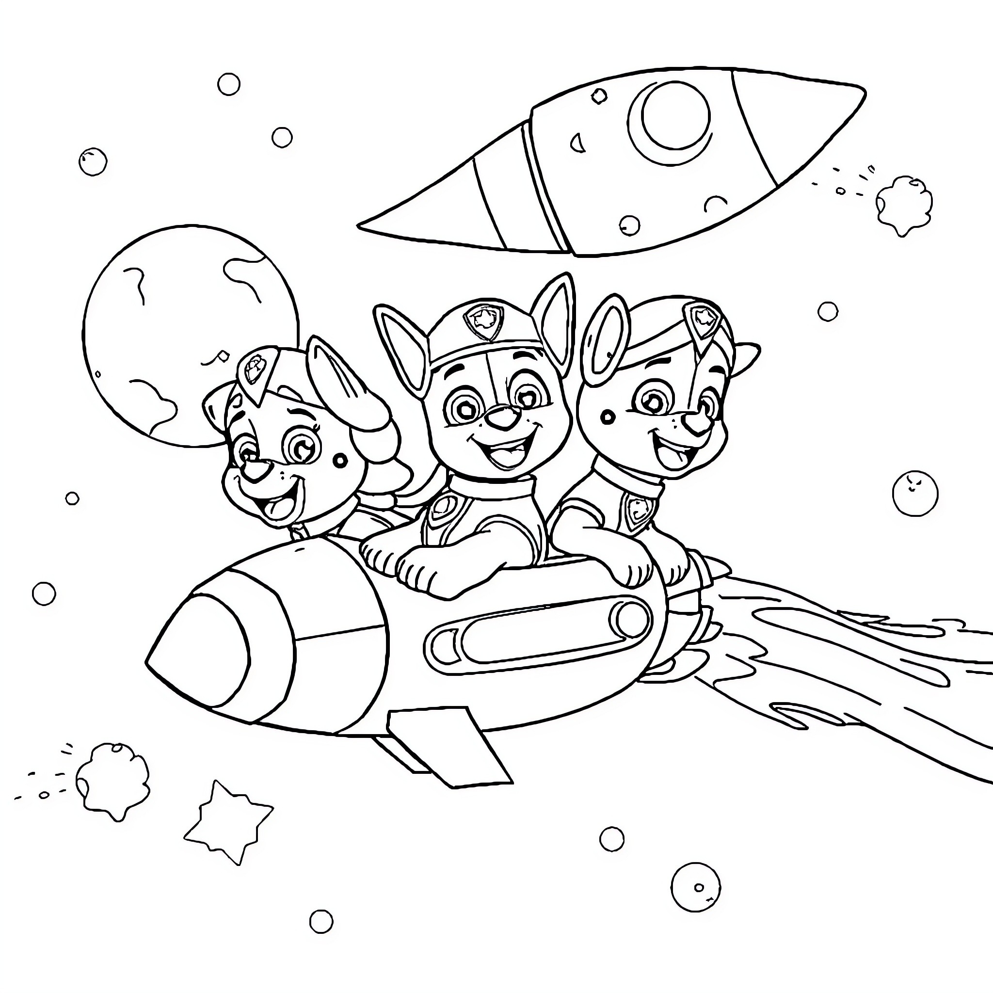 Paw Patrol puppies explore space in a rocket ship Coloring Page (free black-and-white line drawing printable PDF for all, from beginners to advanced learners, including children, teens, adults, and seniors)