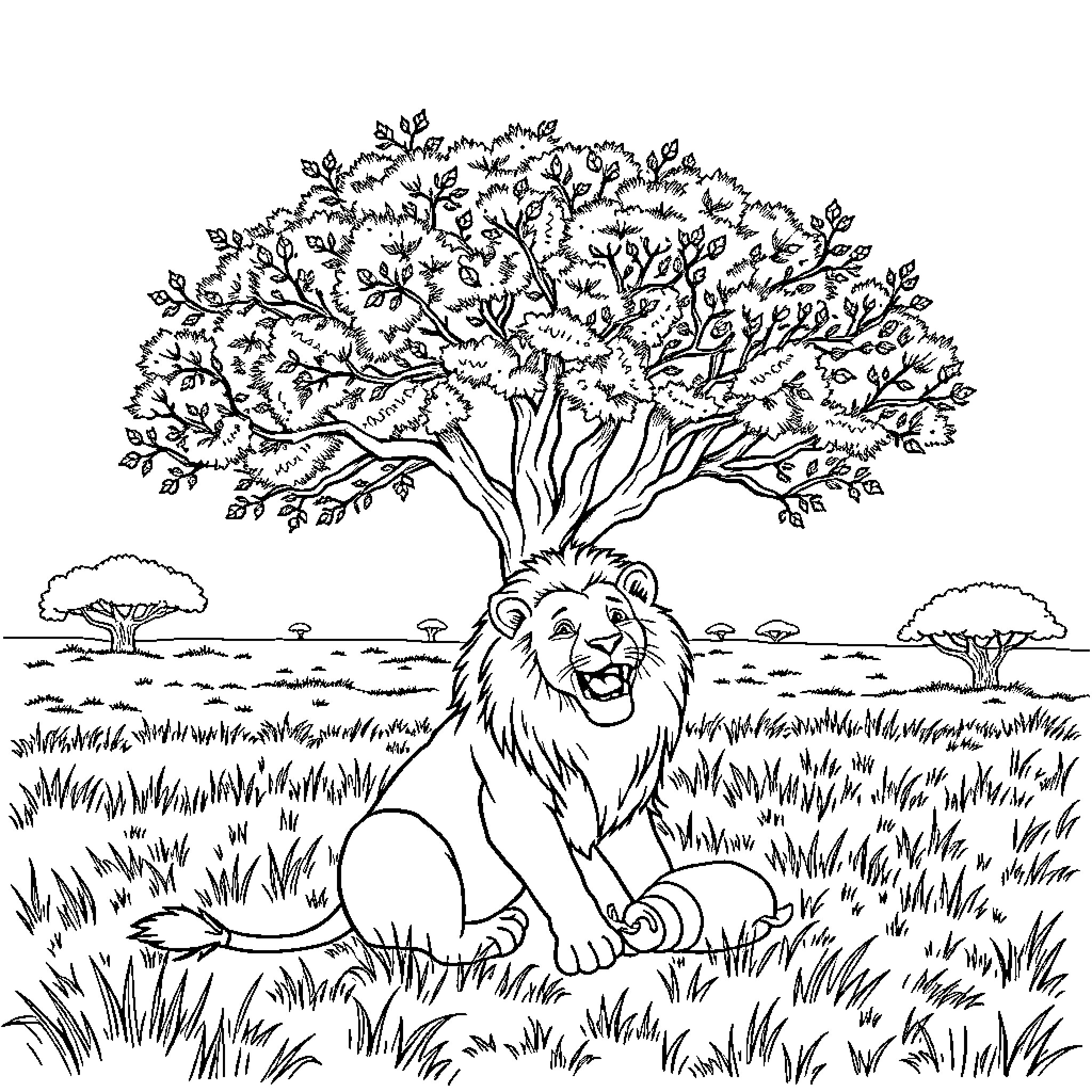 Lion relaxing peacefully in the savanna Coloring Page (free black-and-white line drawing printable PDF for all, from beginners to advanced learners, including children, teens, adults, and seniors)