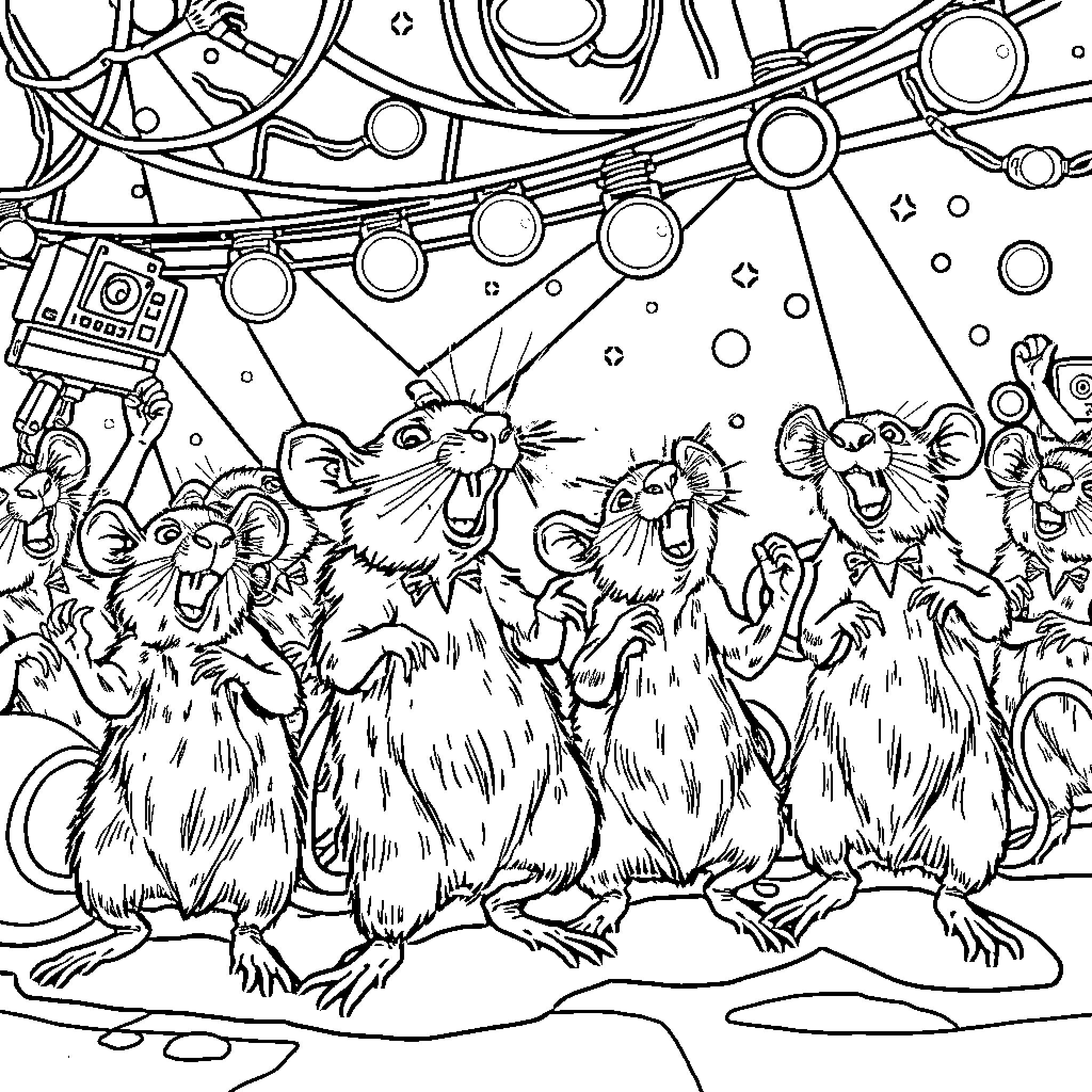 Rat circus performers in a fantastical scene Coloring Page (free black-and-white line drawing printable PDF for all, from beginners to advanced learners, including children, teens, adults, and seniors)