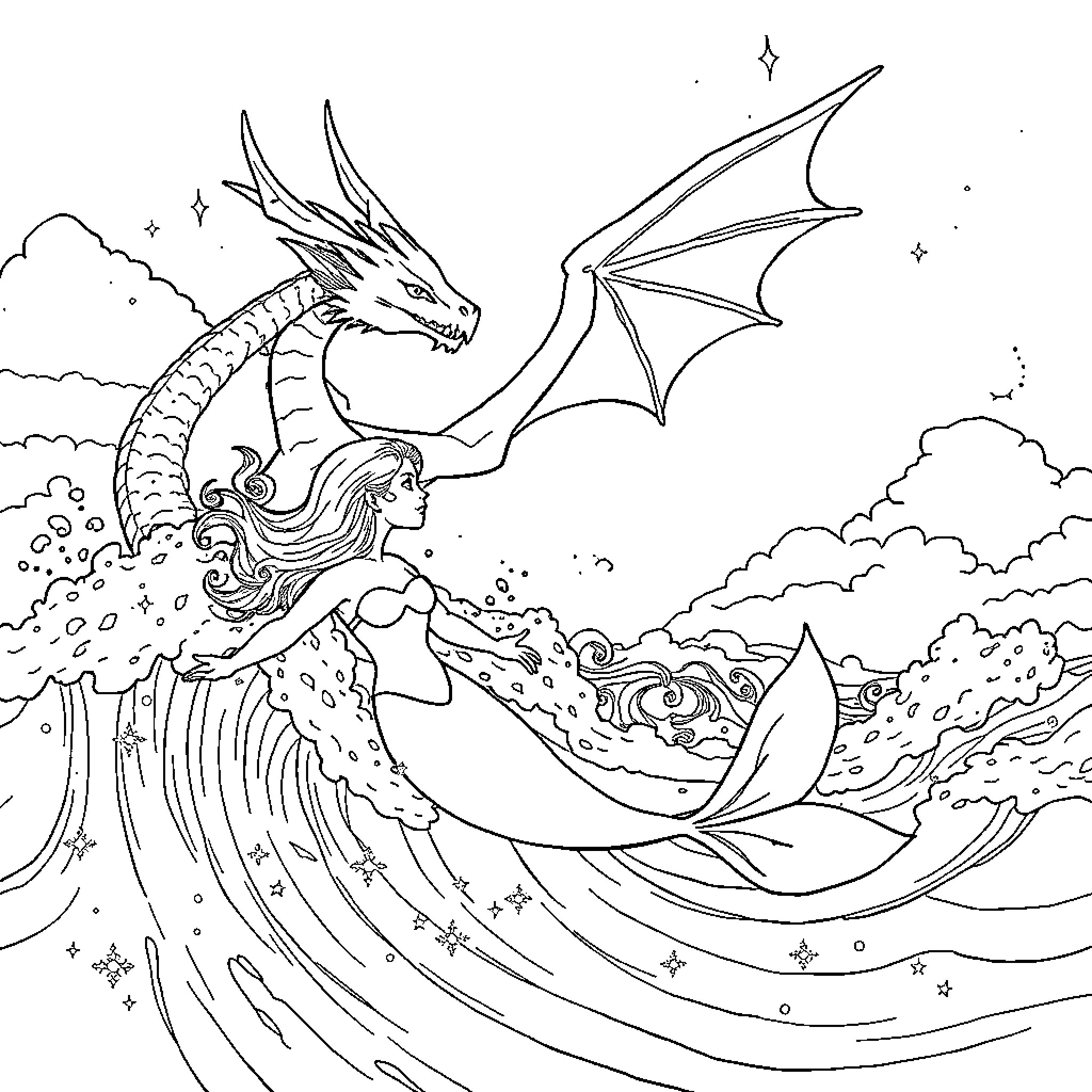 Mermaid riding a majestic dragon through the waves Coloring Page (free black-and-white line drawing printable PDF for all, from beginners to advanced learners, including children, teens, adults, and seniors)