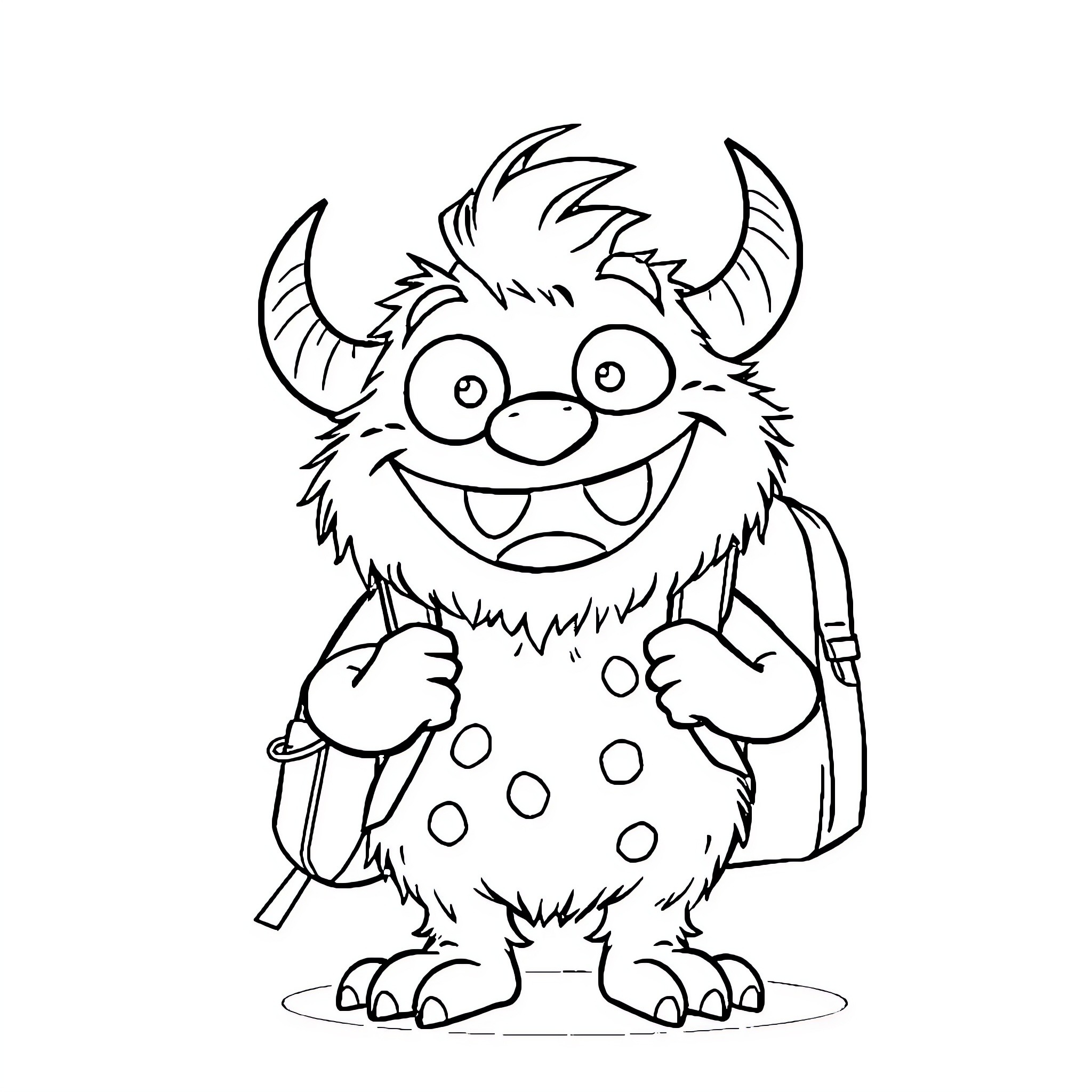 Monster schoolkid in a cheerful mood Coloring Page (free black-and-white line drawing printable PDF for all, from beginners to advanced learners, including children, teens, adults, and seniors)